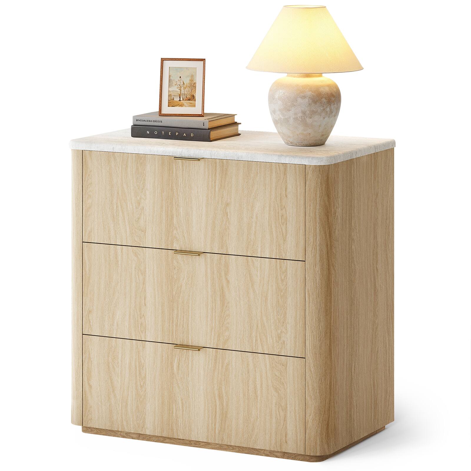Alt View 4. ModernMate - 31.5"W 3 Drawers Dresser Modern Faux Travertine Dresser Chest for Bedroom Living Room - Natural Oak.