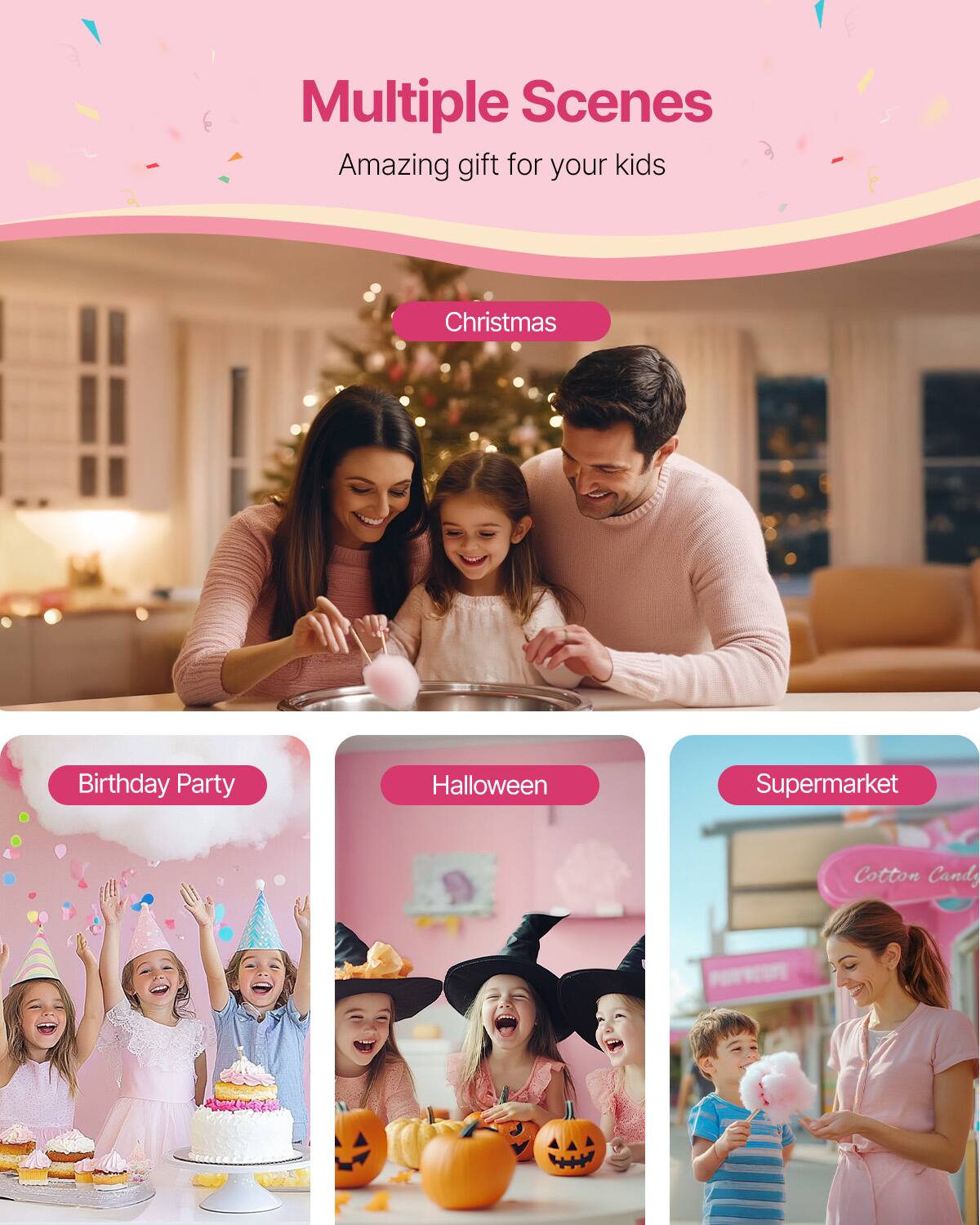 Multiple Scenes  
Amazing gift for your kids  

Christmas  
Birthday Party  
Halloween  
Supermarket  
Cotton Candy