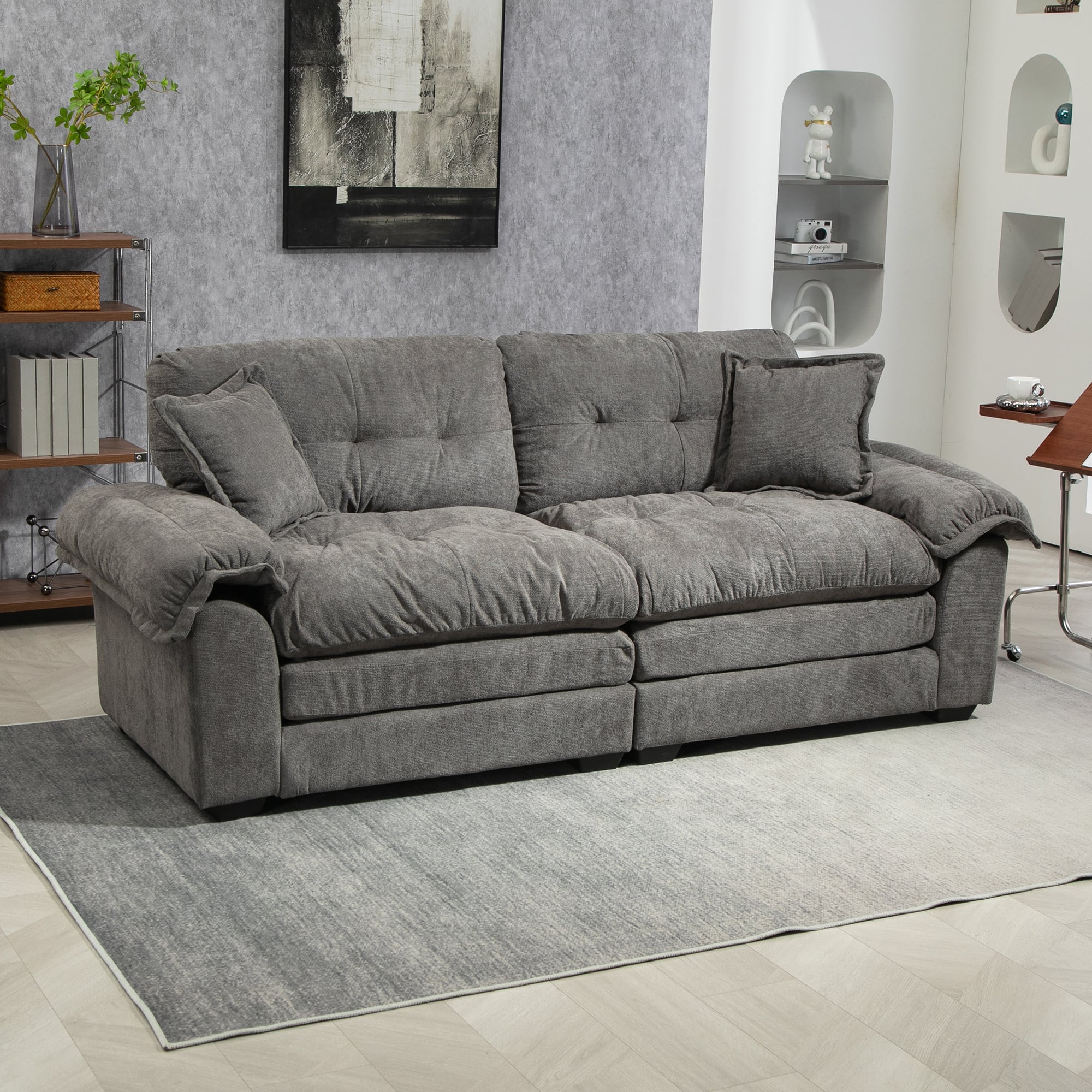 Tiramisubest - 84"Chenille Sofa,Loveseat Deep Seat Sofa Couch with Pillows & Memory Foam for Living Room,Apartment,Office Lounge-Grey - Gray
