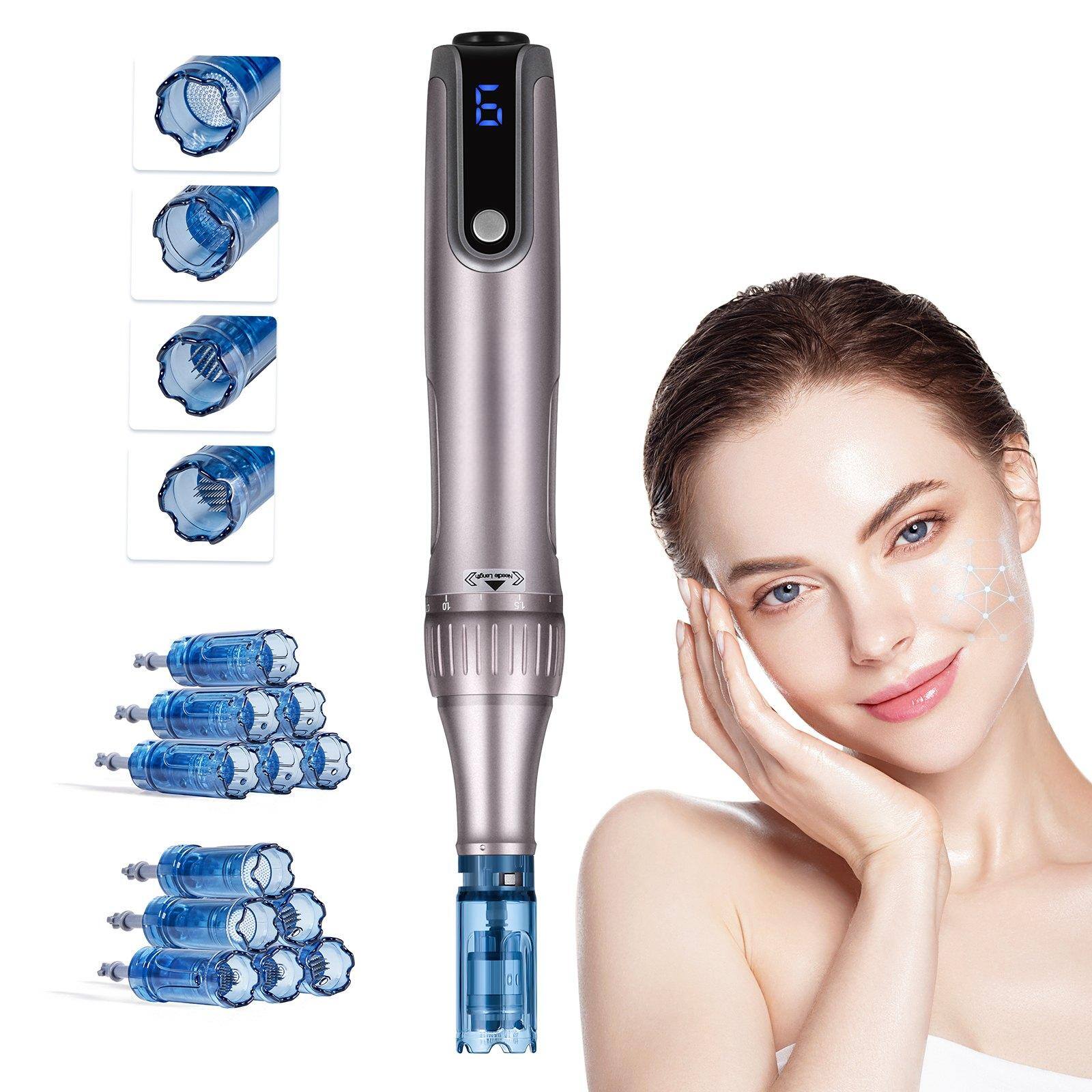 Front. Glintex - Professional Microneedling Pen M8S Electric Derma Pen w/ 12 Anti-Backflow Cartridges, LCD, 6 Speed, Adjustable Depth.