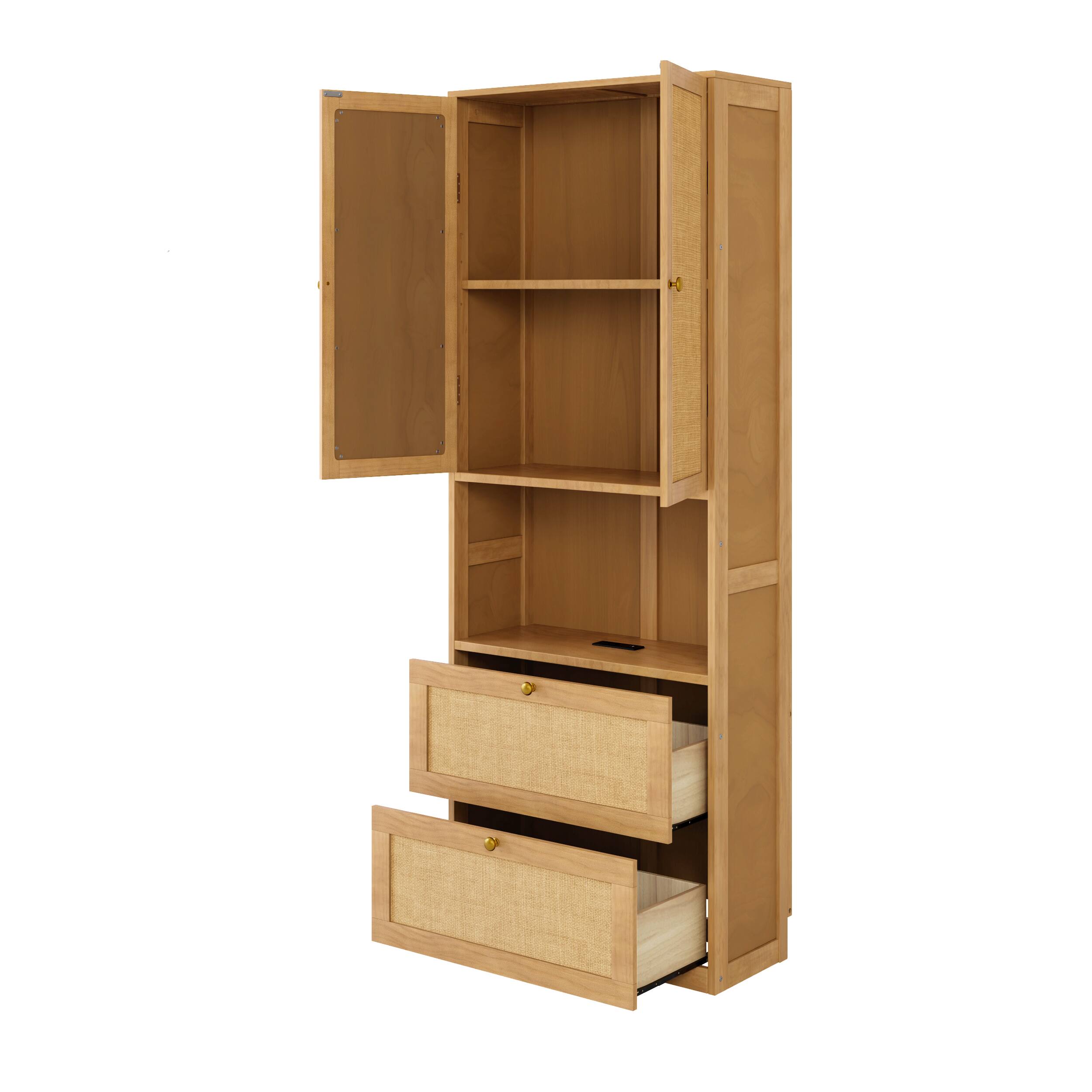 Left. TinyHomie - 2 Doors Bookshelf with USB Port and 3 Drawers Side Cabinet Storage Shelves Natural - Natural.