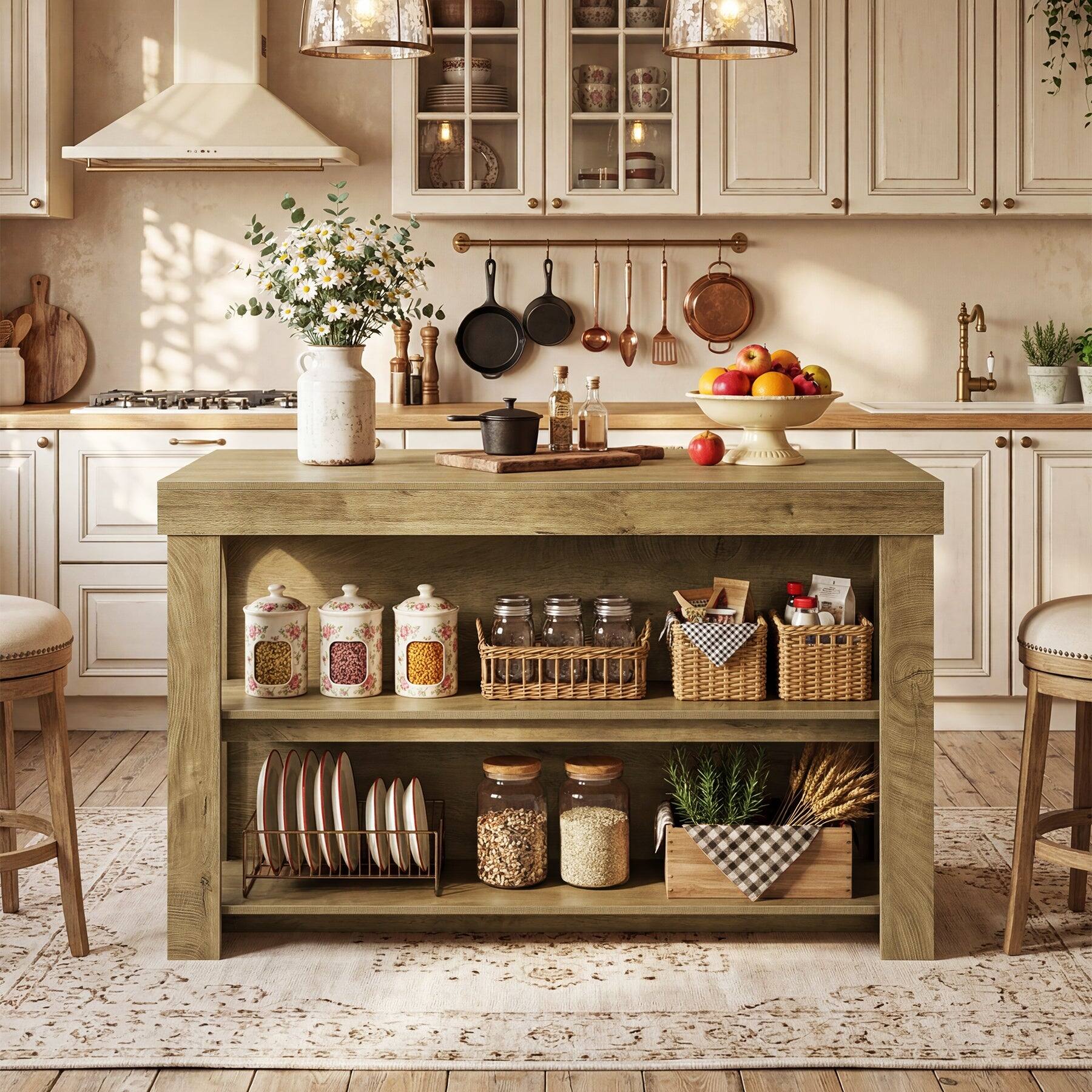 Back. Tribesigns - Kitchen Island with Engineered Wood Construction, Storage Shelves and Rectangular Top for Kitchen - Brown.