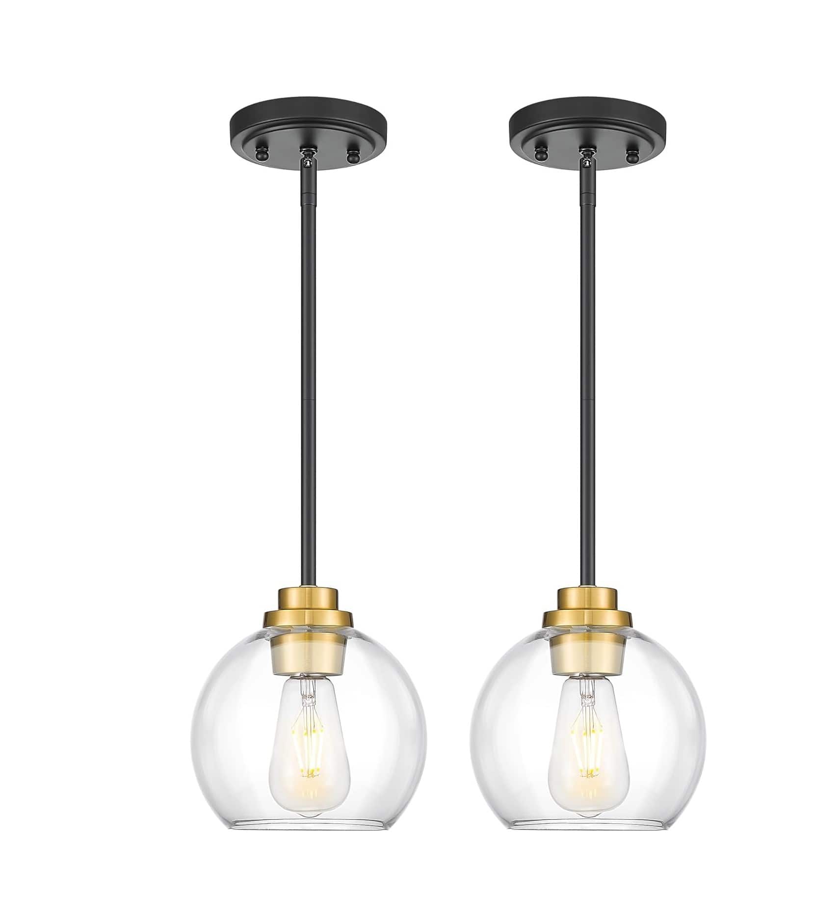FINEAK - Farmhouse Kitchen Island Pendant Lights with Clear Glass Shade (2-Pack) - Clear Glass Globe, Black and Gold
