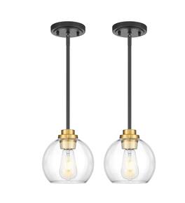 FINEAK - Farmhouse Kitchen Island Pendant Lights with Clear Glass Shade (2-Pack) - Clear Glass Globe, Black and Gold
