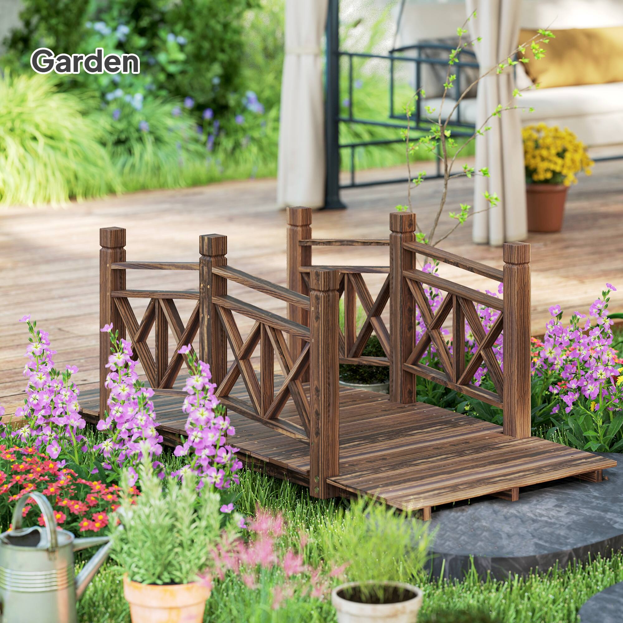 Alt View 5. Outsunny - ft. Wooden Garden Bridge Footbridge for Backyard Ponds, Creeks - Carbonized.