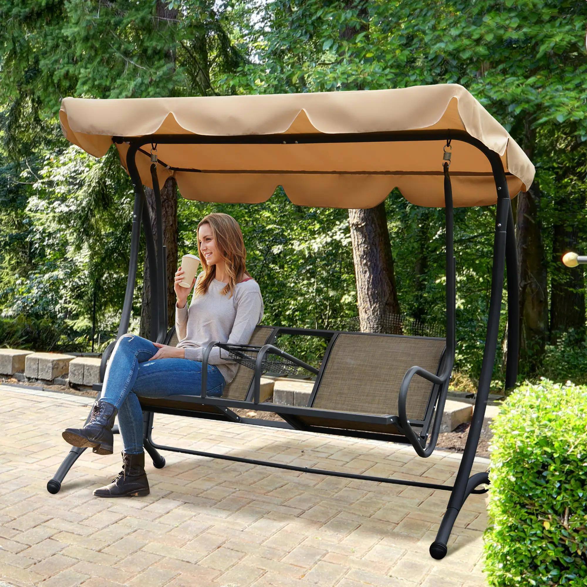Alt View 7. Resenkos - Resenkos 2-Seat Swing Chair, Outdoor Porch Glider With Canopy, Cup Holders & Tray, Perfect for Garden, Poolside, Brown.