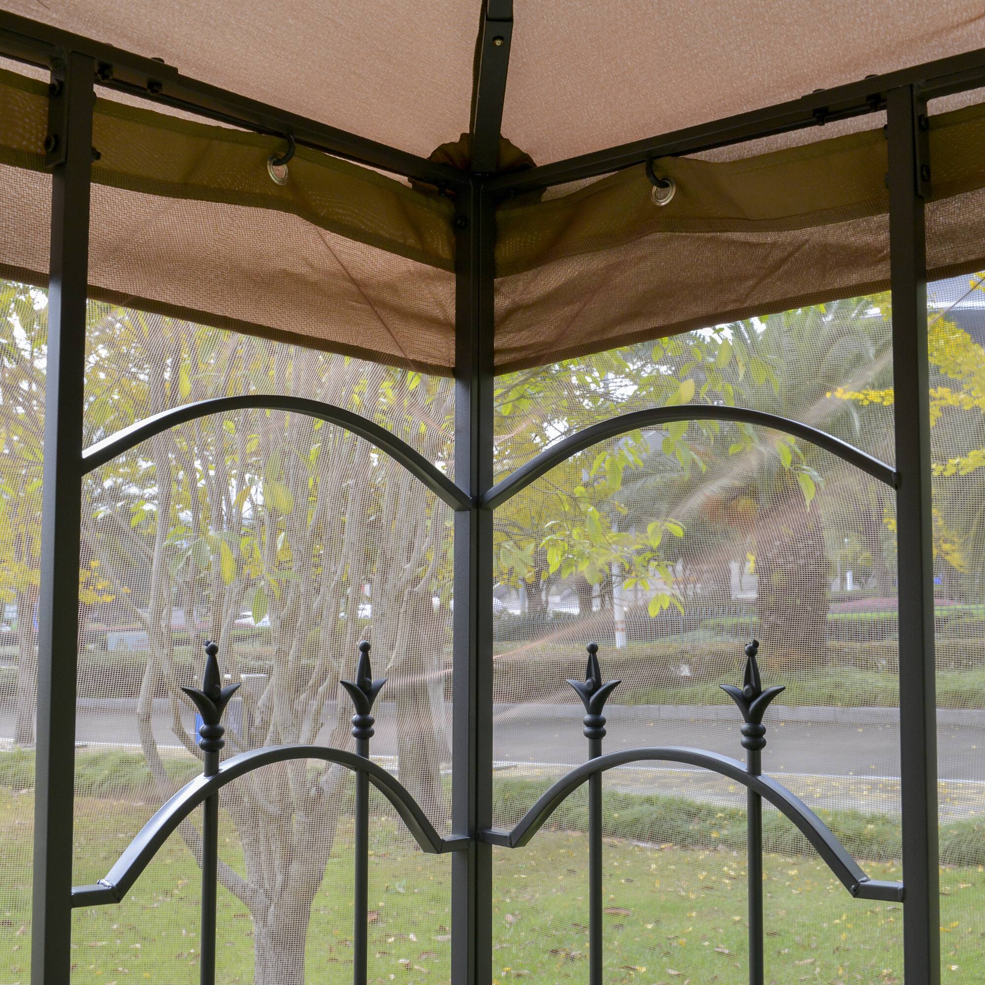 Alt View 4. Outsunny - 10' x 10' Patio Gazebo with Corner Frame Shelves, Double Roof Outdoor Gazebo Canopy Shelter with Netting - Brown.