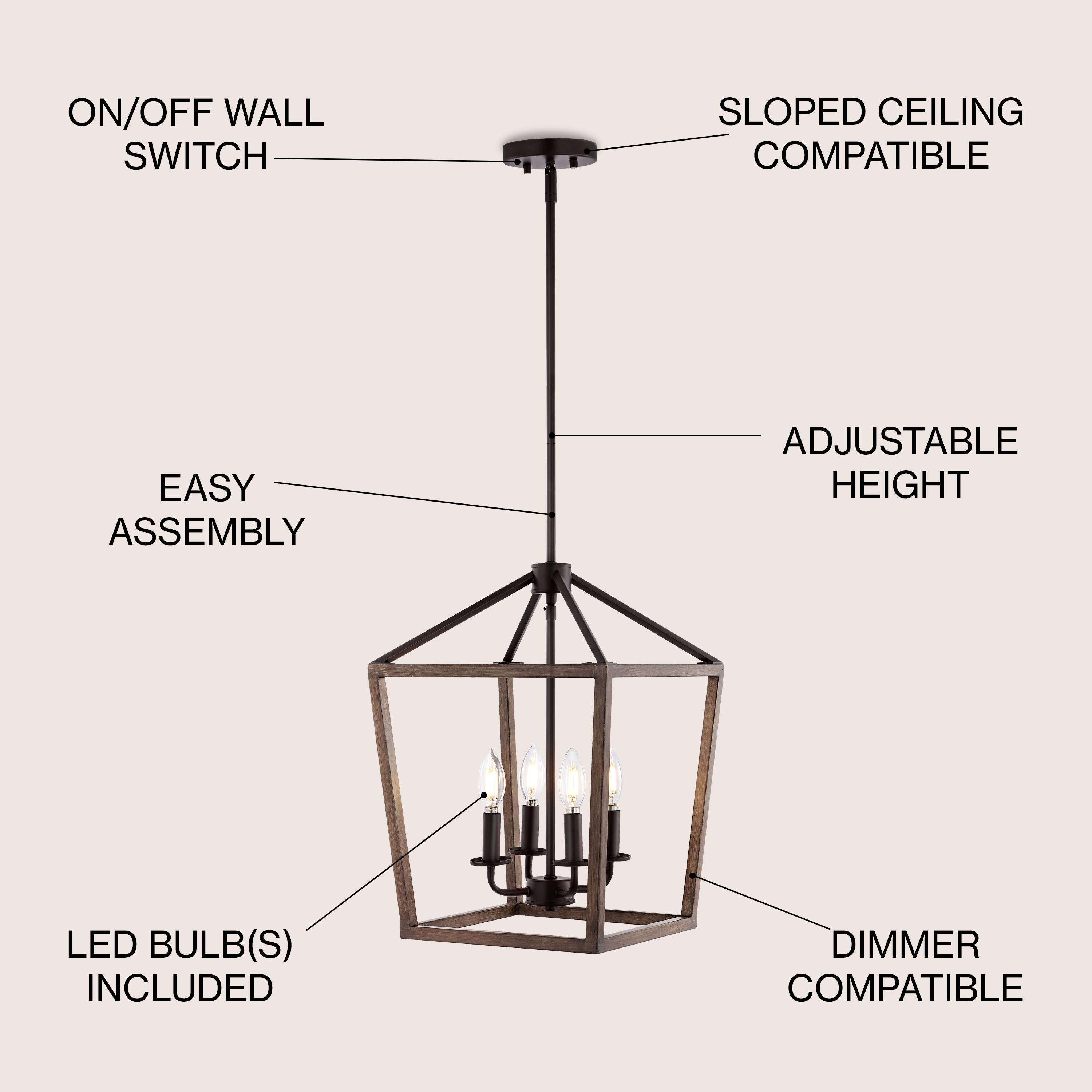ON/OFF WALL SWITCH  
SLOPED CEILING COMPATIBLE  
EASY ASSEMBLY  
ADJUSTABLE HEIGHT  
LED BULB(S) INCLUDED  
DIMMER COMPATIBLE