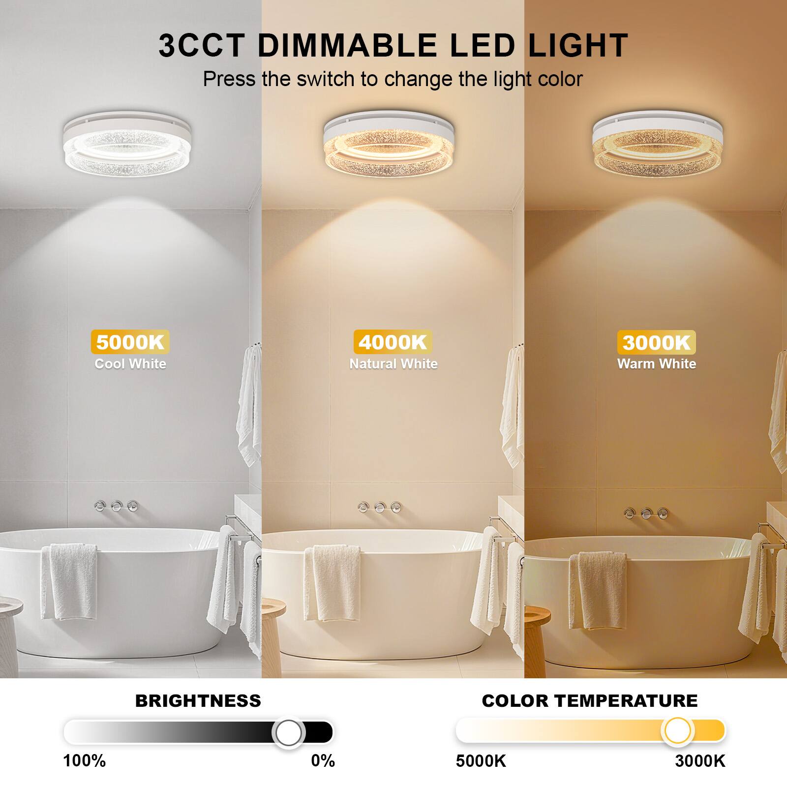 3CCT DIMMABLE LED LIGHT  
Press the switch to change the light color  

5000K Cool White  
4000K Natural White  
3000K Warm White  

BRIGHTNESS  
100% 0%  

COLOR TEMPERATURE  
5000K 3000K