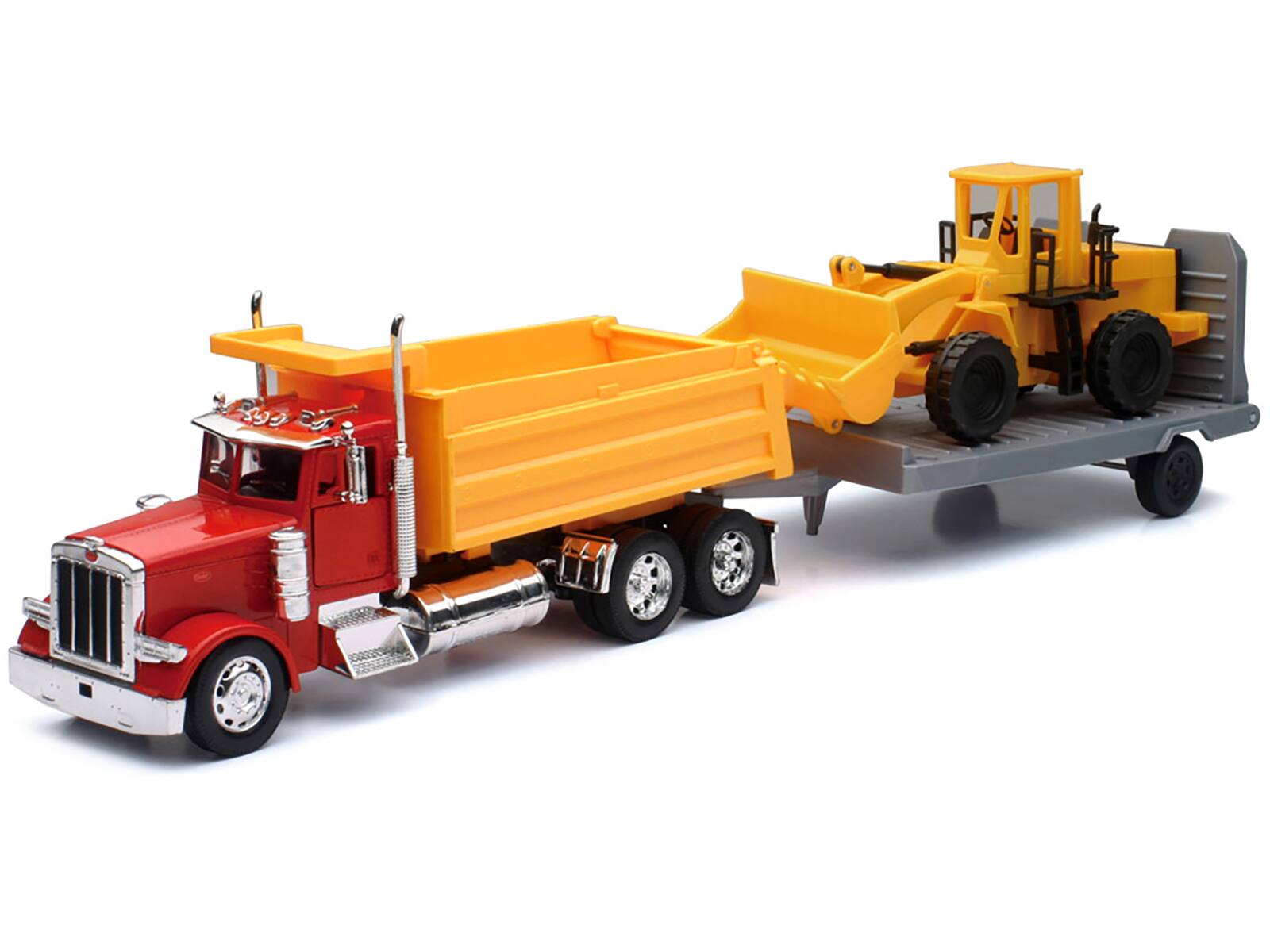 Alt View 1. New Ray - Peterbilt 379 Dump Truck Red and Wheel Loader Yellow w/Flatbed Trailer "Long Haul Truckers" Series 1/32 Model by New Ray.