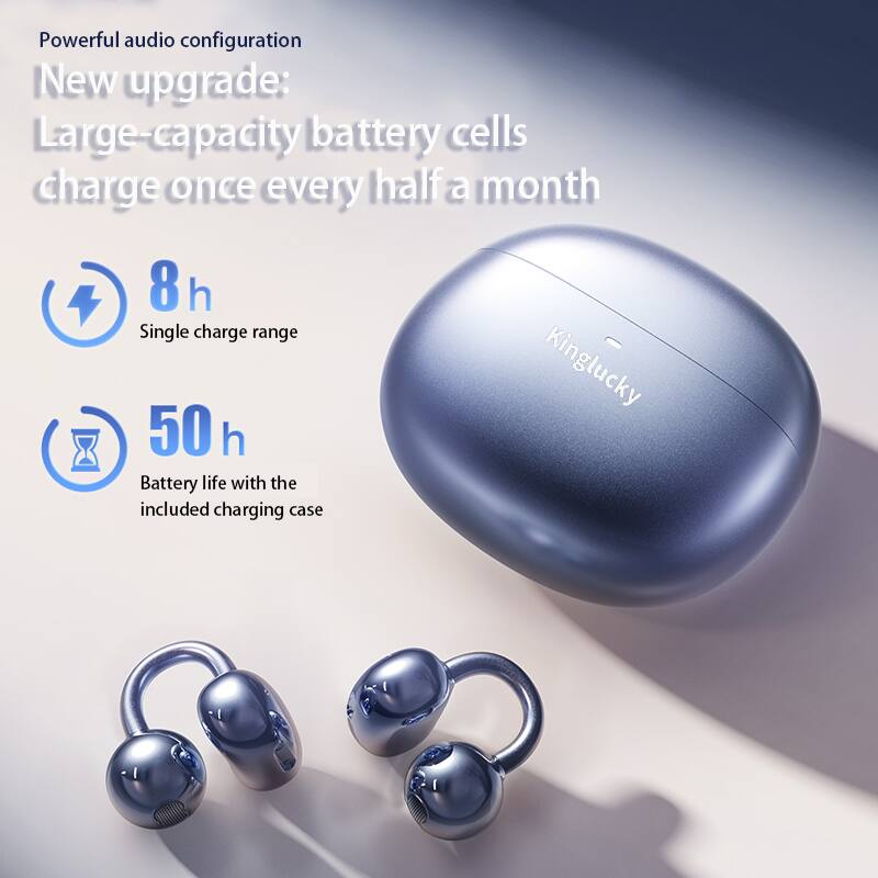 Powerful audio configuration  
New upgrade:  
Large-capacity battery cells charge once every half a month  

8 h  
Single charge range  

50 h  
Battery life with the included charging case  

Kinglucky