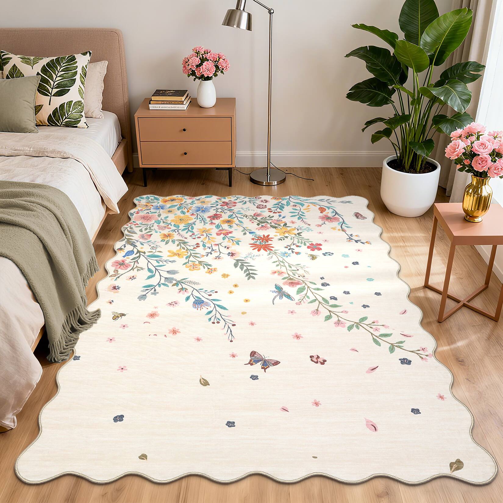 Angle. GARVEE - Modern Pastoral Tone Area Rug with Insect & Insect Pattern Low Pile Machine Washable Rug for Bedroom Nursery Laundry - Beige.
