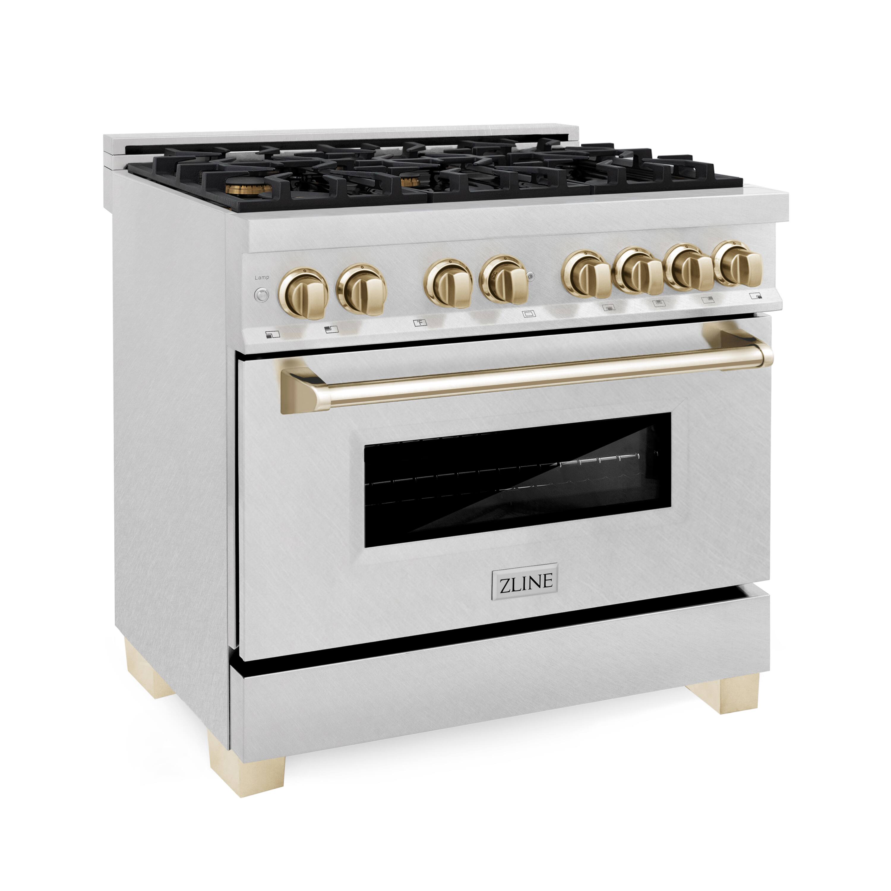 Back. ZLINE - ZLINE Autograph 36 in. Legacy Dual Fuel Range in Satin Steel & Gold Accents (RASZ-SN-36-G) - Stainless steel.