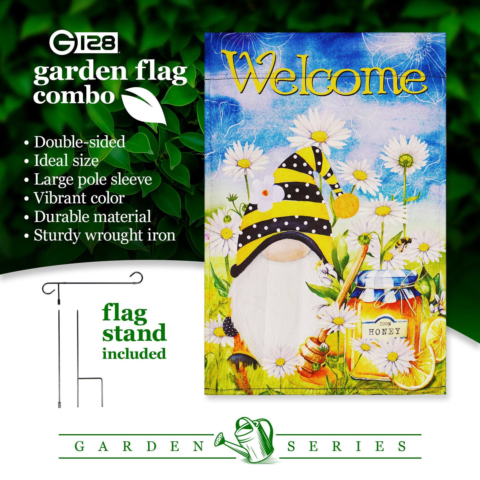 GI28 garden flag combo  
- Double-sided  
- Ideal size  
- Large pole sleeve  
- Vibrant color  
- Durable material  
- Sturdy wrought iron flag stand included  

Welcome  

HONEY GARDEN SERIES
