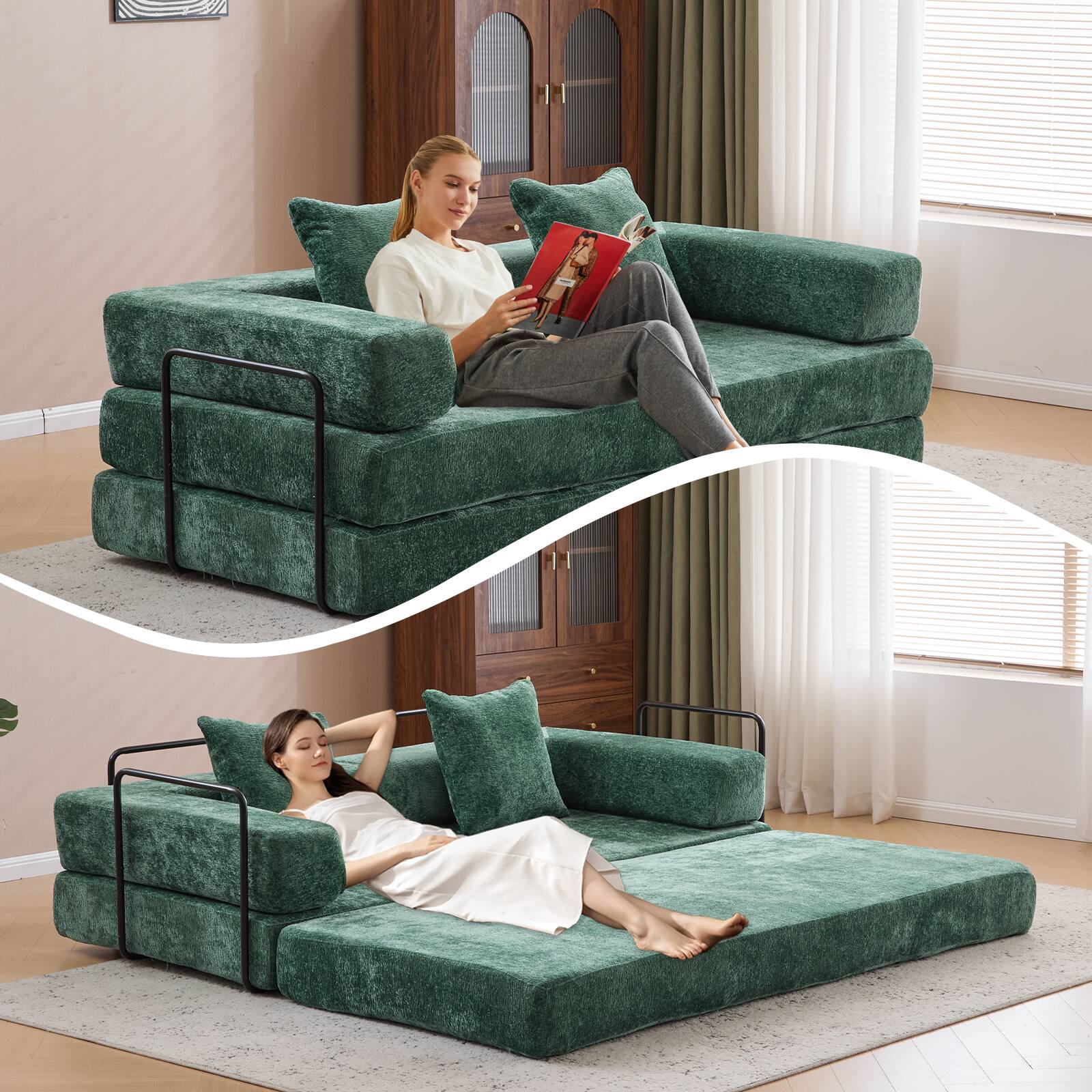 Alt View 2. GOODSILO - Convertible Floor Sofa Bed - Futon Couch Lounge Sleeper with Pillow Back Support & Armrests - Dark Green.