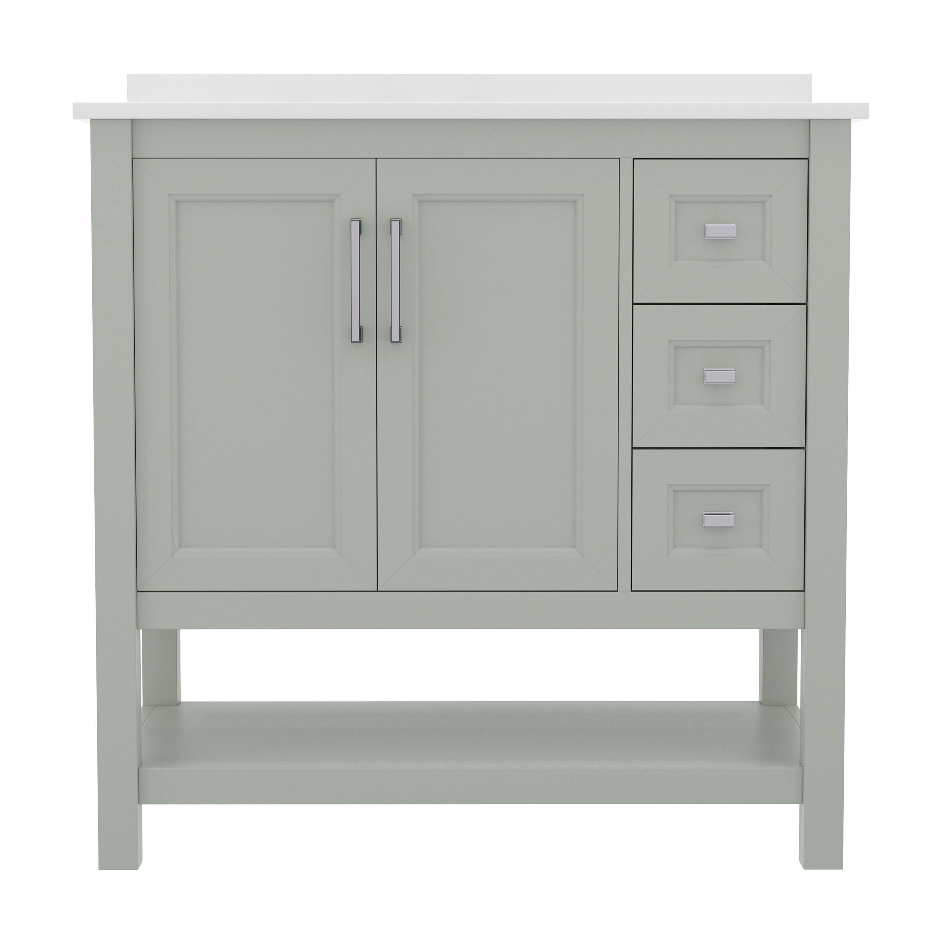 Angle. Flash Furniture - Vega 36 Inch Bathroom Vanity with Sink, Storage Cabinet with Soft Close Doors, Open Shelf and 3 Drawers, Carrara Marble - Green.