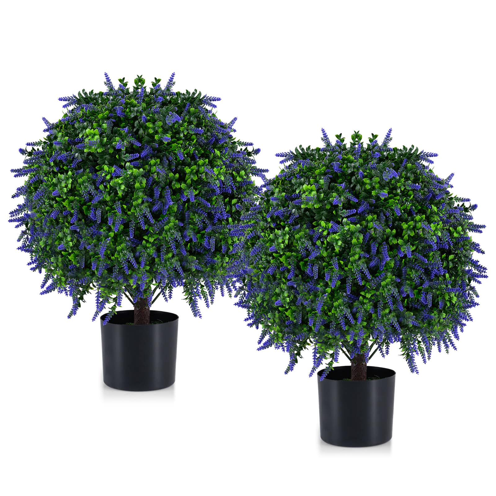 Gymax - Set of 2 Artificial Lavender Topiary Ball Trees 22'' Faux Lavender Potted Plants - Purple