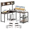 Front. Costway - Costway L-Shaped Computer Desk with Power Outlets, 62" Corner Desk with Storage Hutch - Rustic Brown + Black.