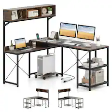 Front. Costway - Costway L-Shaped Computer Desk with Power Outlets, 62" Corner Desk with Storage Hutch - Rustic Brown + Black.