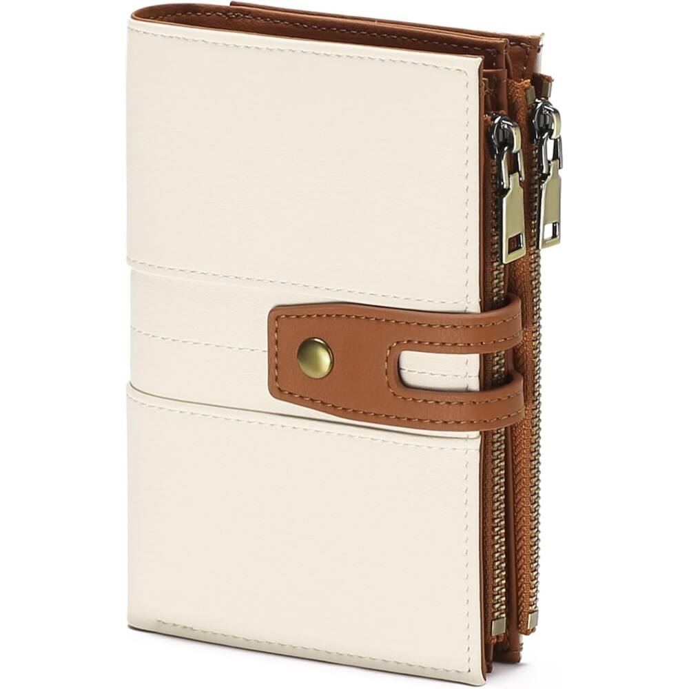 Front. ZUQIETA - ZUQIETA Small RFID Leather Trifold Wallet - Women's Clutch with ID Window - White-Brown.