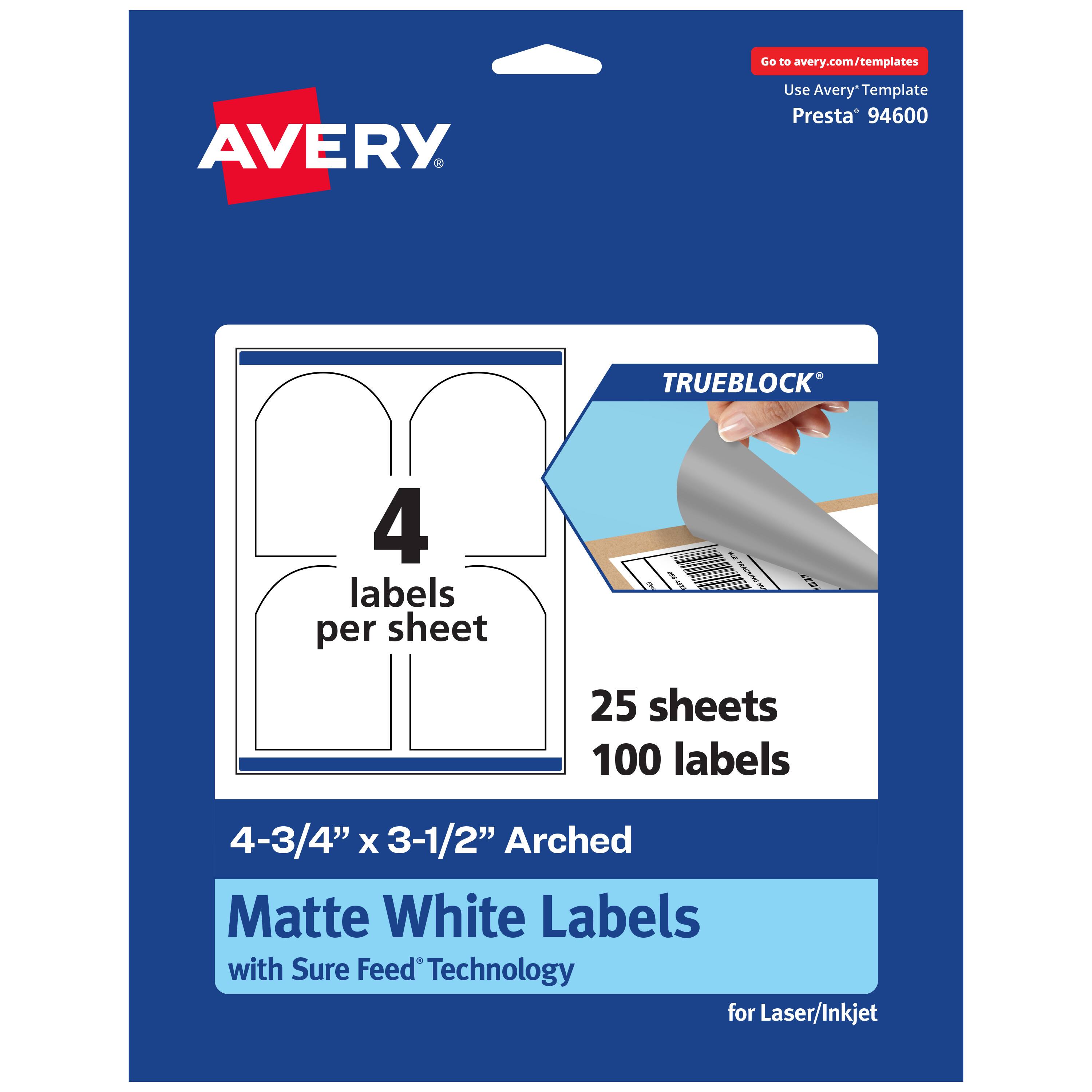 Go to avery.com/templates  
AVERY  
Use Avery Template Presta® 94600  

TRUEBLOCK®  
4 labels per sheet  
25 sheets 100 labels  
4-3/4" x 3-1/2" Arched Matte White Labels with Sure Feed Technology for Laser/Inkjet