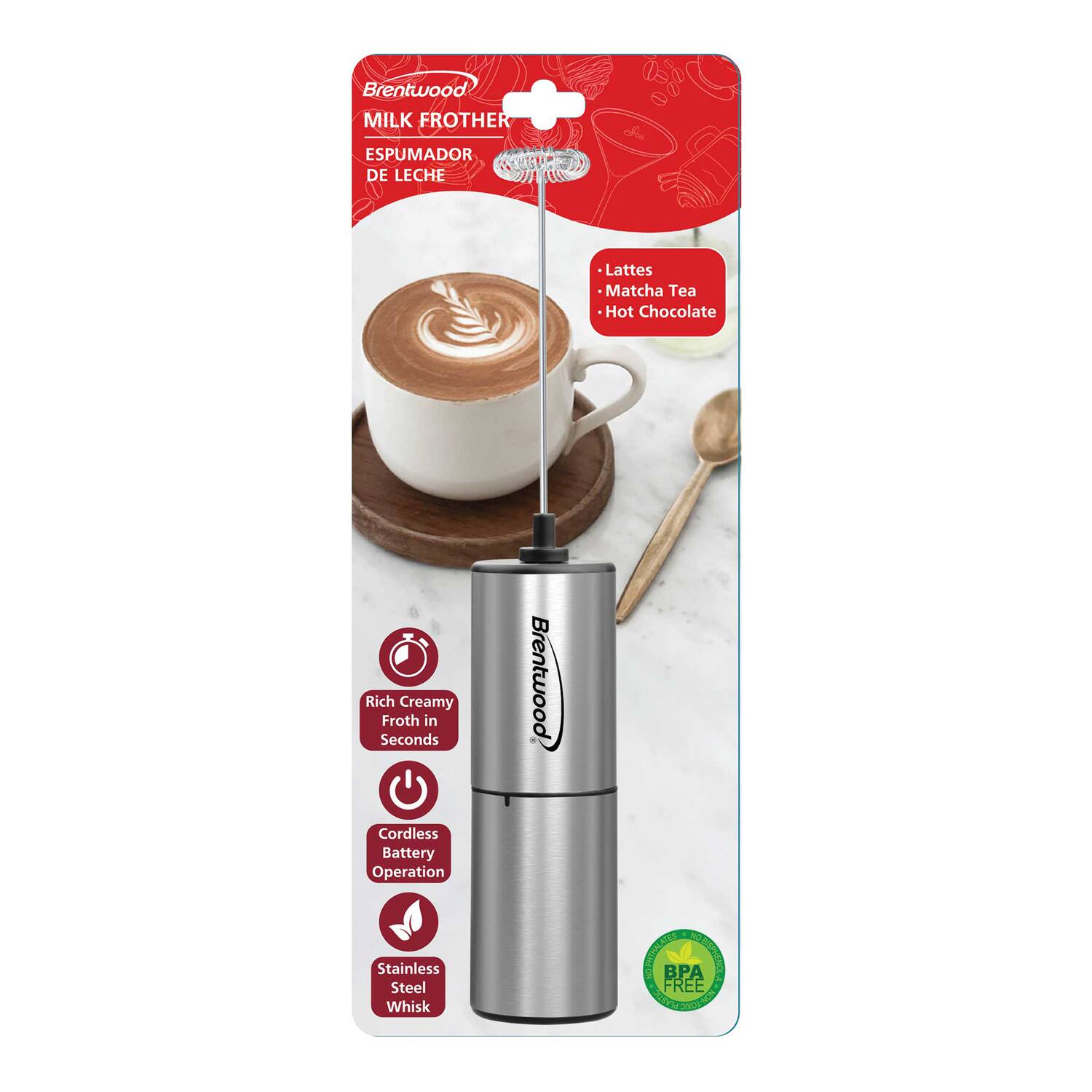 Brentwood Milk Frother Espumador de Leche  
Lattes Matcha Tea Hot Chocolate  
Rich Creamy Froth in Seconds  
Brentwood Cordless Battery Operation Stainless Steel Whisk  
BPA Free