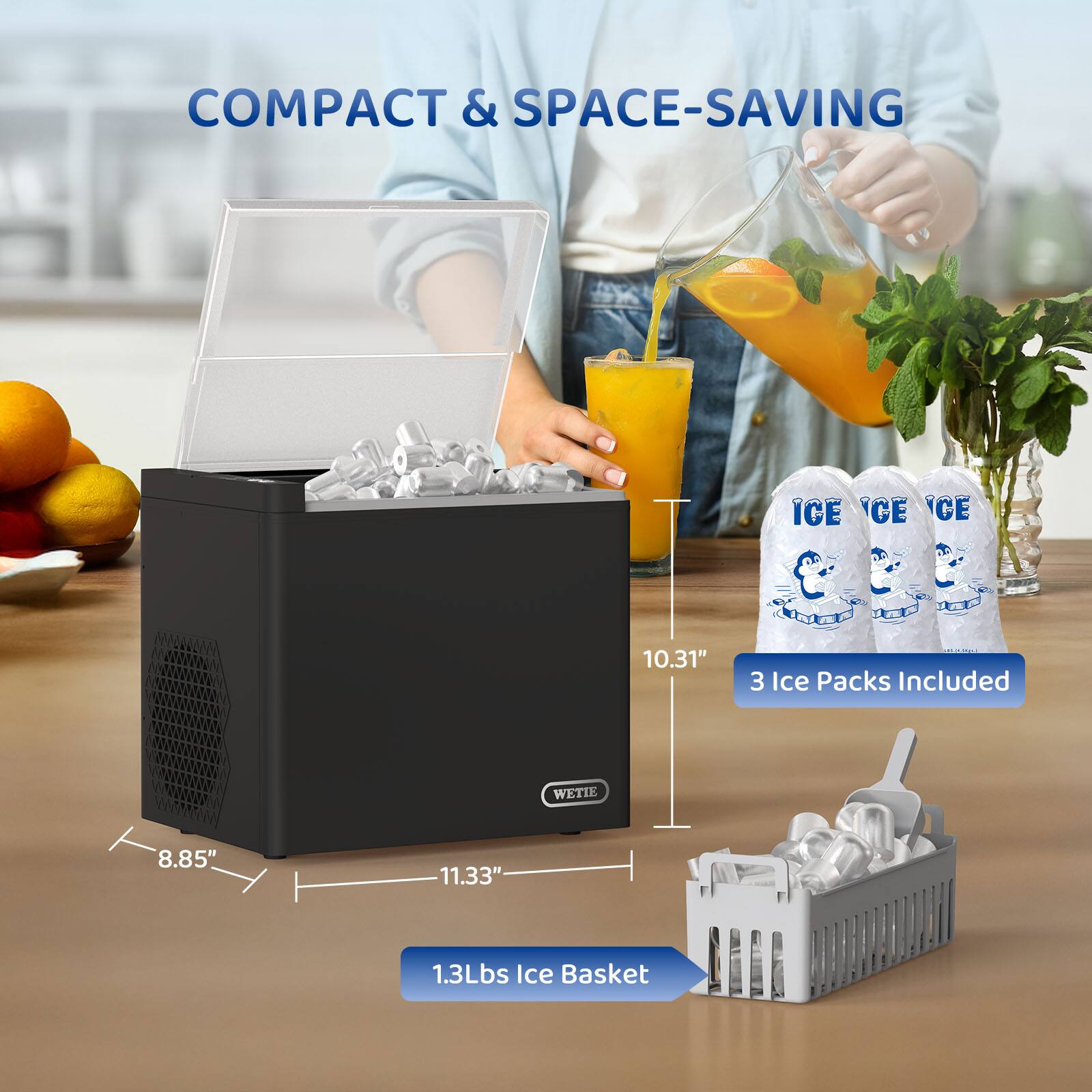COMPACT & SPACE-SAVING

10.31" x 8.85" x 11.33"

3 Ice Packs Included

1.3Lbs Ice Basket