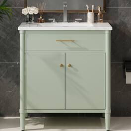 Boyel Living - 31 Inch Bathroom Vanity with Sink Soft Close Doors Adjustable Shelf Curved Design Rubber Wood Legs - Green