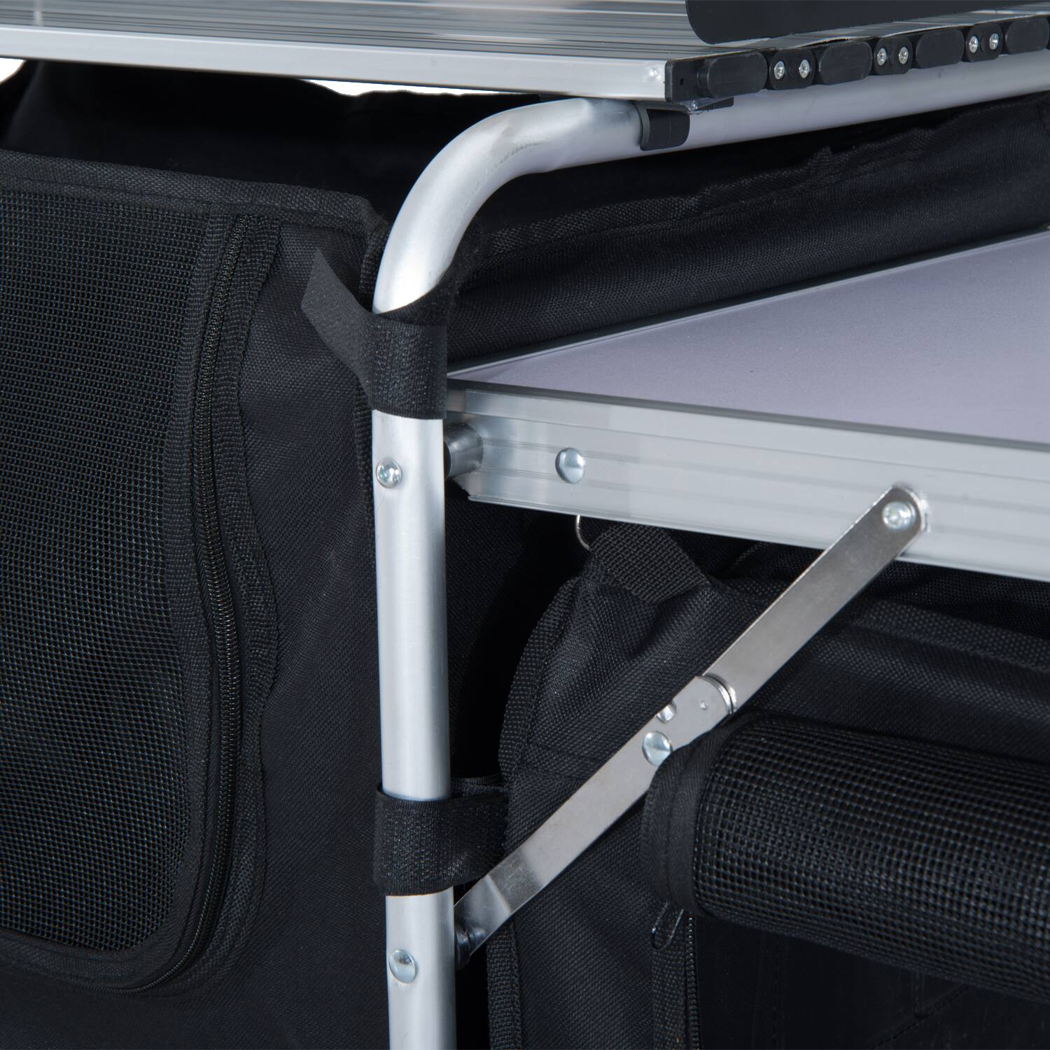 Alt View 8. Outsunny - Camping Kitchen Table, Aluminum Portable Outdoor Cooking Table, Fold-Up Cook Station with Windscreen - Black, White, Silver.