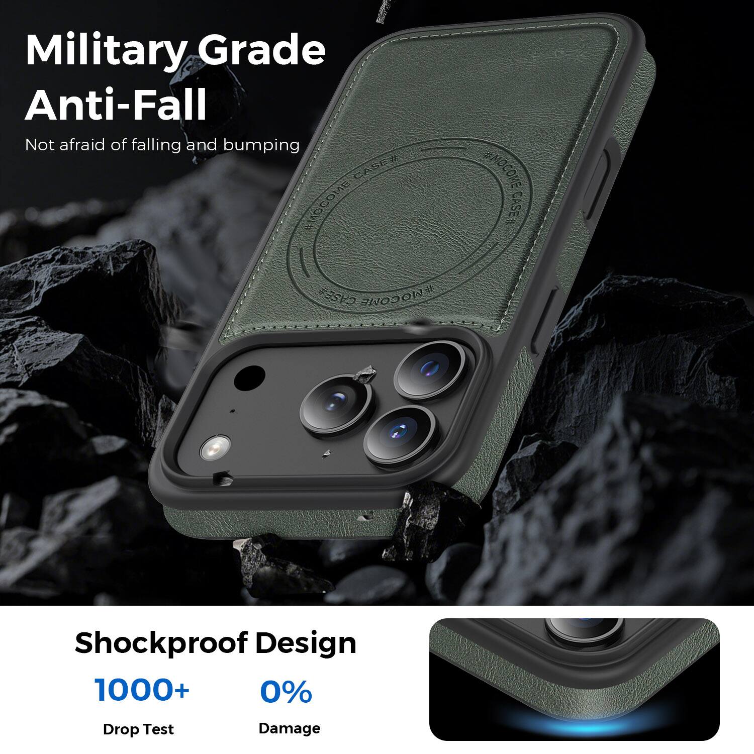 Military Grade Anti-Fall  
Not afraid of falling and bumping  

CASE AMO MOCOME SHOCONE  
CASE #MOCOME COME  

Shockproof Design  
1000+ Drop Test  
0% Damage
