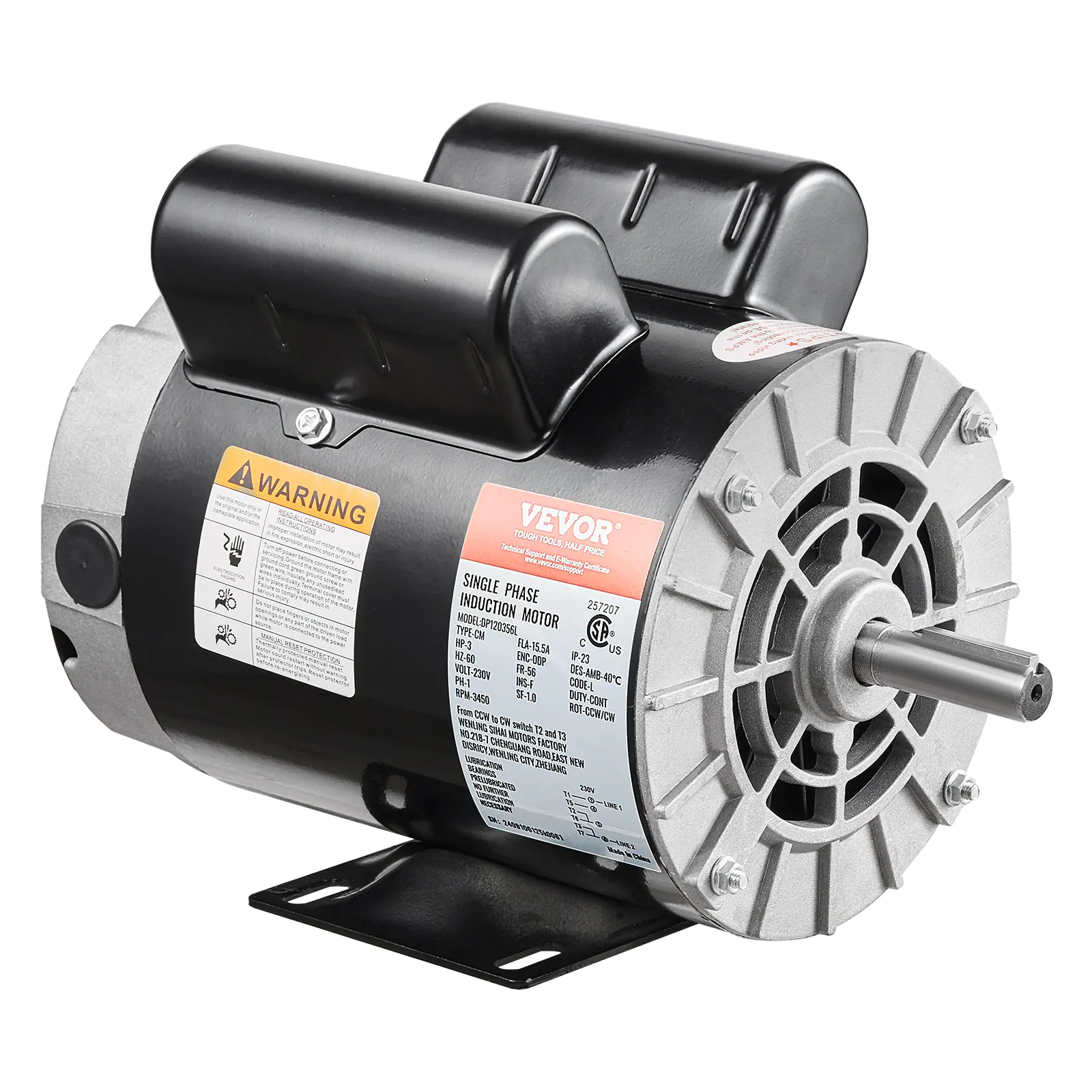 WARNING  
Techokal VEVOR' HOUOT Support TOOLS, HALF PRICE Just 5-Muraty www.vevos.com/support  
Certificate SINGLE PHASE MODELOP120356L INDUCTION MOTOR 257207 HP-3 TYPE-OM C HZ-60 FLA-15.5A IP-23 US ENC-00P VOCS-TJOV FR-56 DES-AMB-40C PH-1 INS-F CODE-L RPW-3450 SF-1.0 THOO-YTUO from CCN WORWOO-TOR WENLING CH dofive NO.218-7 SIHAI 72 and CHENGUANG MOTORS FACTORY ROAD NEW LUBRICATION ZHENANG PRELUBRICATED Yes.