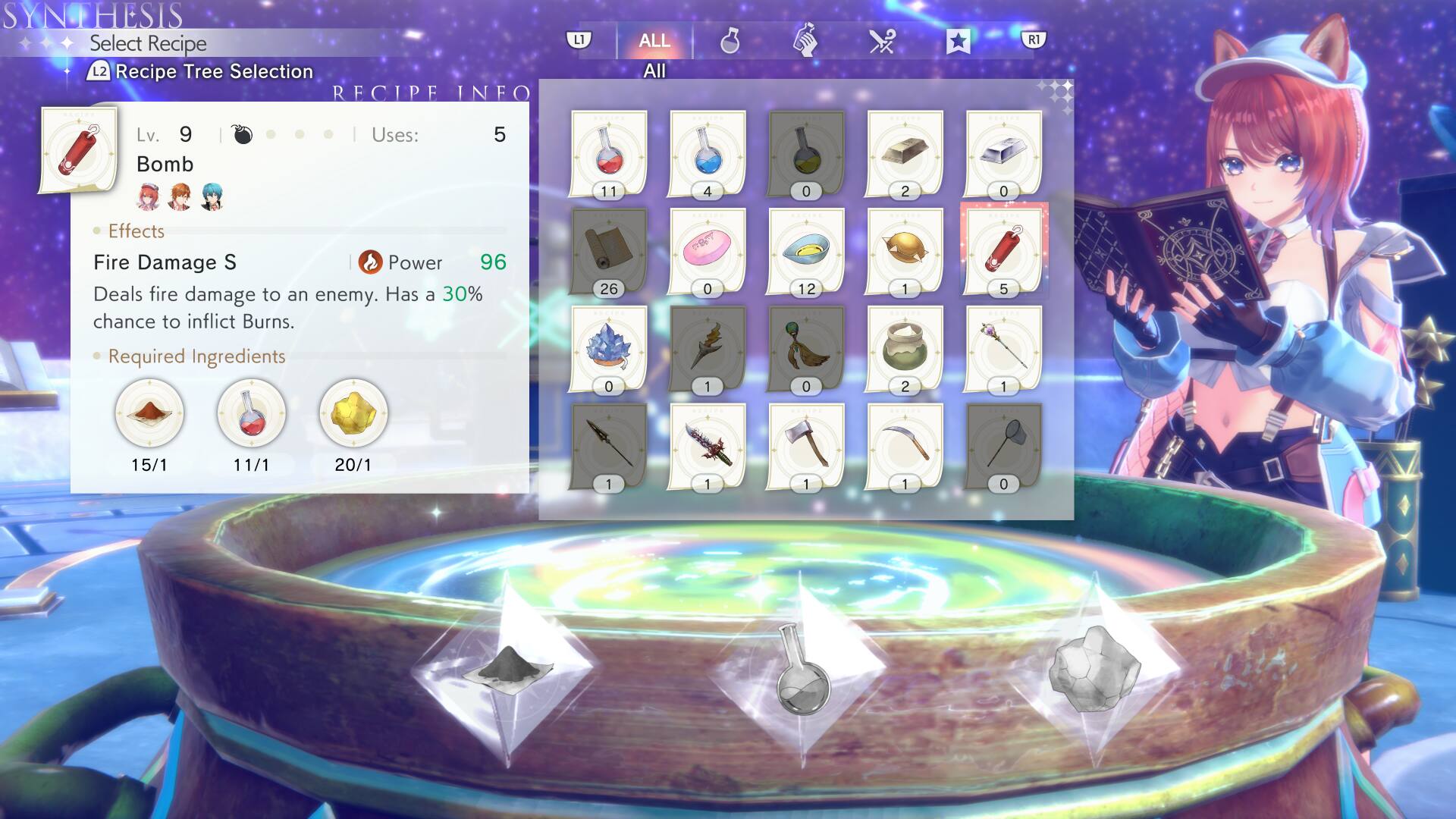 The text on the image is describing a game character's abilities and the required ingredients for a specific recipe. The character has a fire damage ability that has a 30% chance to inflict burns. The recipe requires a total of 11 ingredients, including 2 bombs, and has a power level of 96. The character has a total of 4 abilities, and the image shows a selection screen with the recipe tree and the required ingredients.