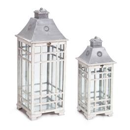 BreeBe - Traditional Farmhouse Lantern with Metal Lid (Set of 2) - Grey, White