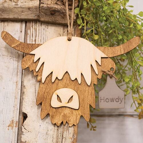 Angle. BreeBe - Wooden Howdy Highland Ornament - Brown.