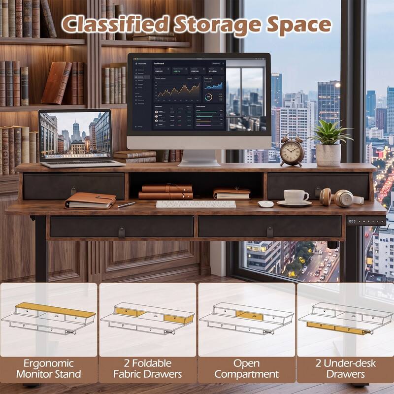 Classified Storage Space

- Ergonomic Monitor Stand
- 2 Foldable Fabric Drawers
- Open Compartment
- 2 Under-desk Drawers