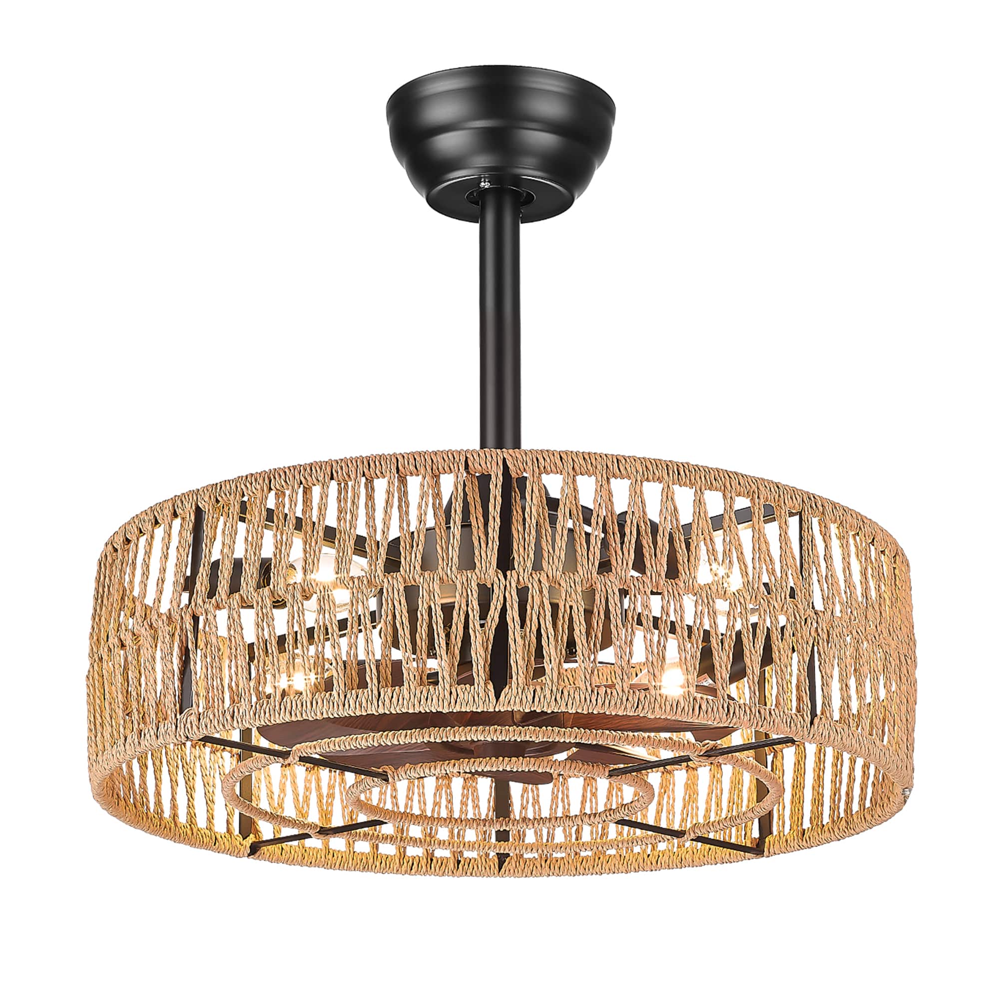 Front. JAZAVA - 20 in. Indoor Rattan 100-240 V Low Profile Cage Ceiling Fan with Light - Bronze.