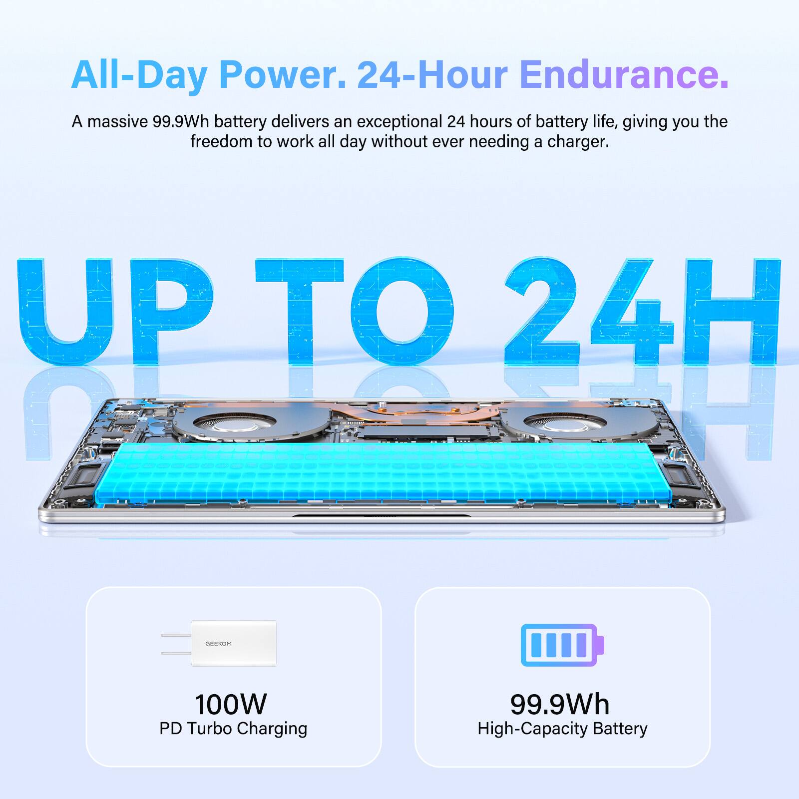 All-Day Power. 24-Hour Endurance.  
A massive 99.9Wh battery delivers an exceptional 24 hours of battery life, giving you the freedom to work all day without ever needing a charger.  
UP TO 24H  
100W PD Turbo Charging  
99.9Wh High-Capacity Battery