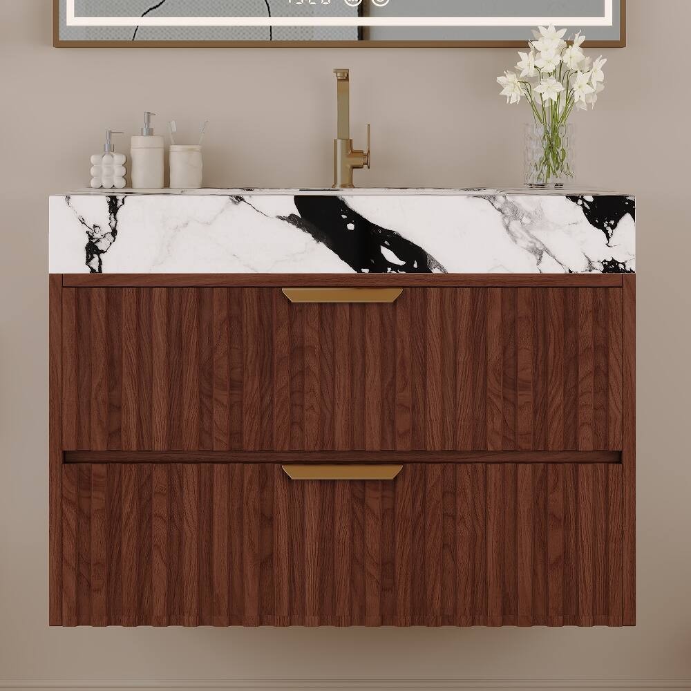 Angle. Loheer - Loheer 30 inch floating bathroom vanity Walnut Modern Wall Mounted Cabinet with Ceramic Sink - Walnut, White.