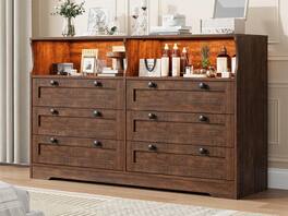 GARVEE - Modern Wood Dresser, 6 Drawer Wide Chest with LED Light, Power Outlet, Storage for Bedroom, Living Room - Brown