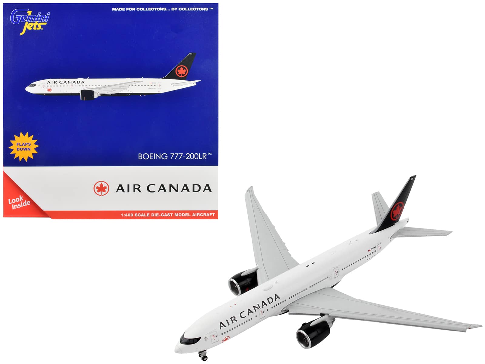 GeminiJets - Boeing 777-200LR Commercial Aircraft with Flaps Down Air Canada Tail 1/400 Diecast Model Airplane - White with Black