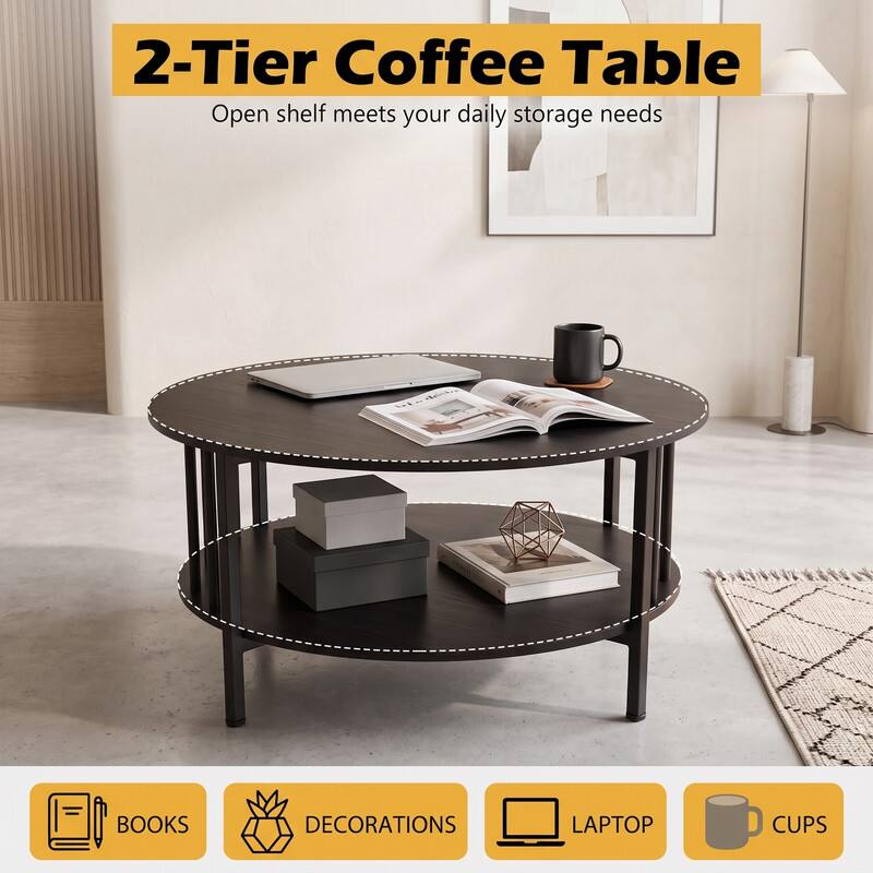 WELLFOR 2 Tier Round Coffee Table with Storage Shelf ,Modern Center ...