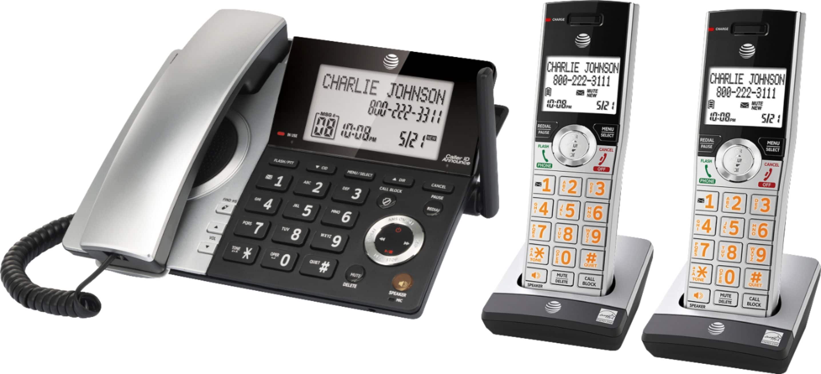 Left. AT&T - 2 Handset Corded/Cordless Answering System with Smart Call Blocker - Silver/Black.
