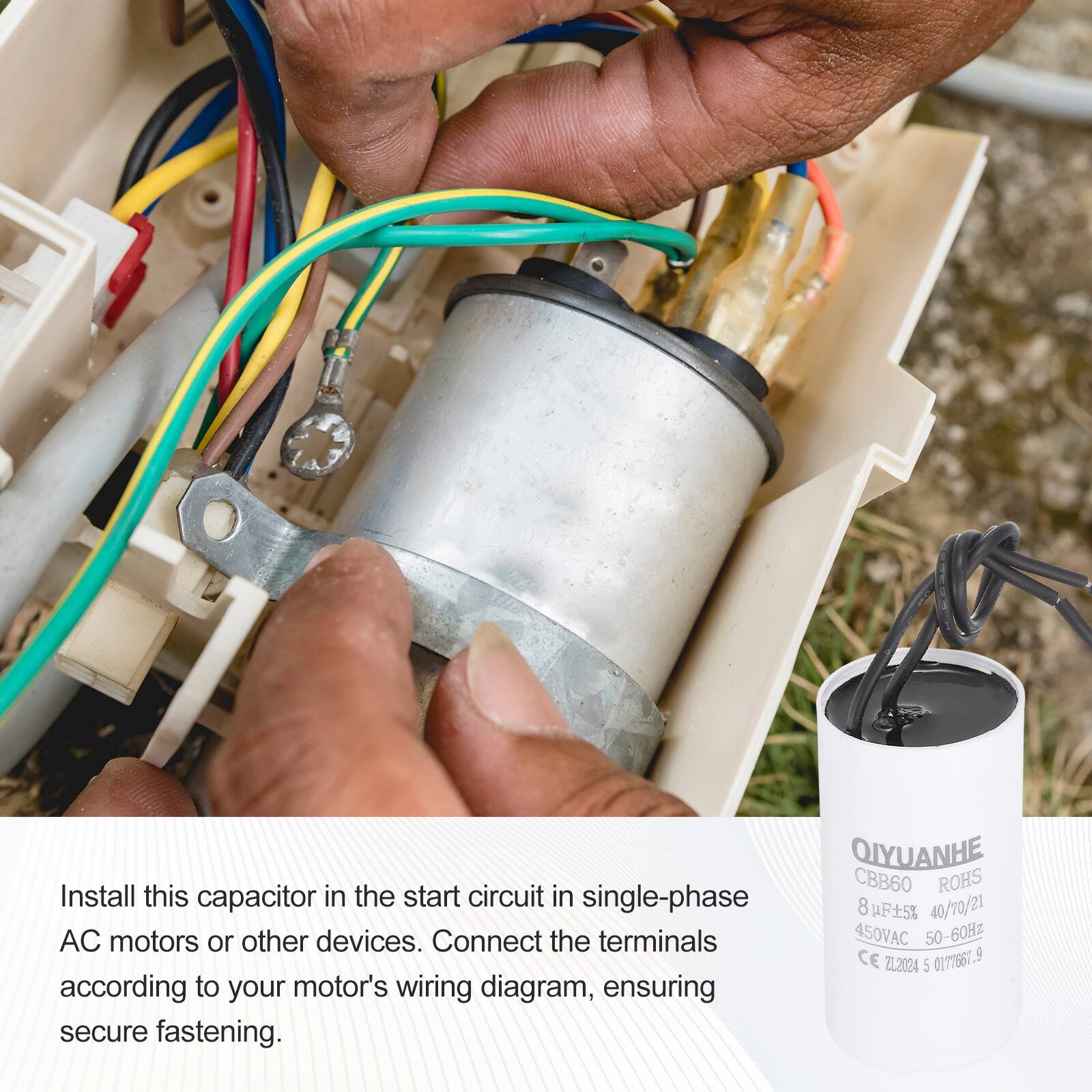 Install this capacitor in the start circuit in single-phase AC motors or other devices. Connect the terminals according to your motor's wiring diagram, ensuring secure fastening.

QIYUANHE CBB60 ROHS 8 uF±5% 40/70/21 450VAC 50-60Hz CE ZL2024 5 0177661