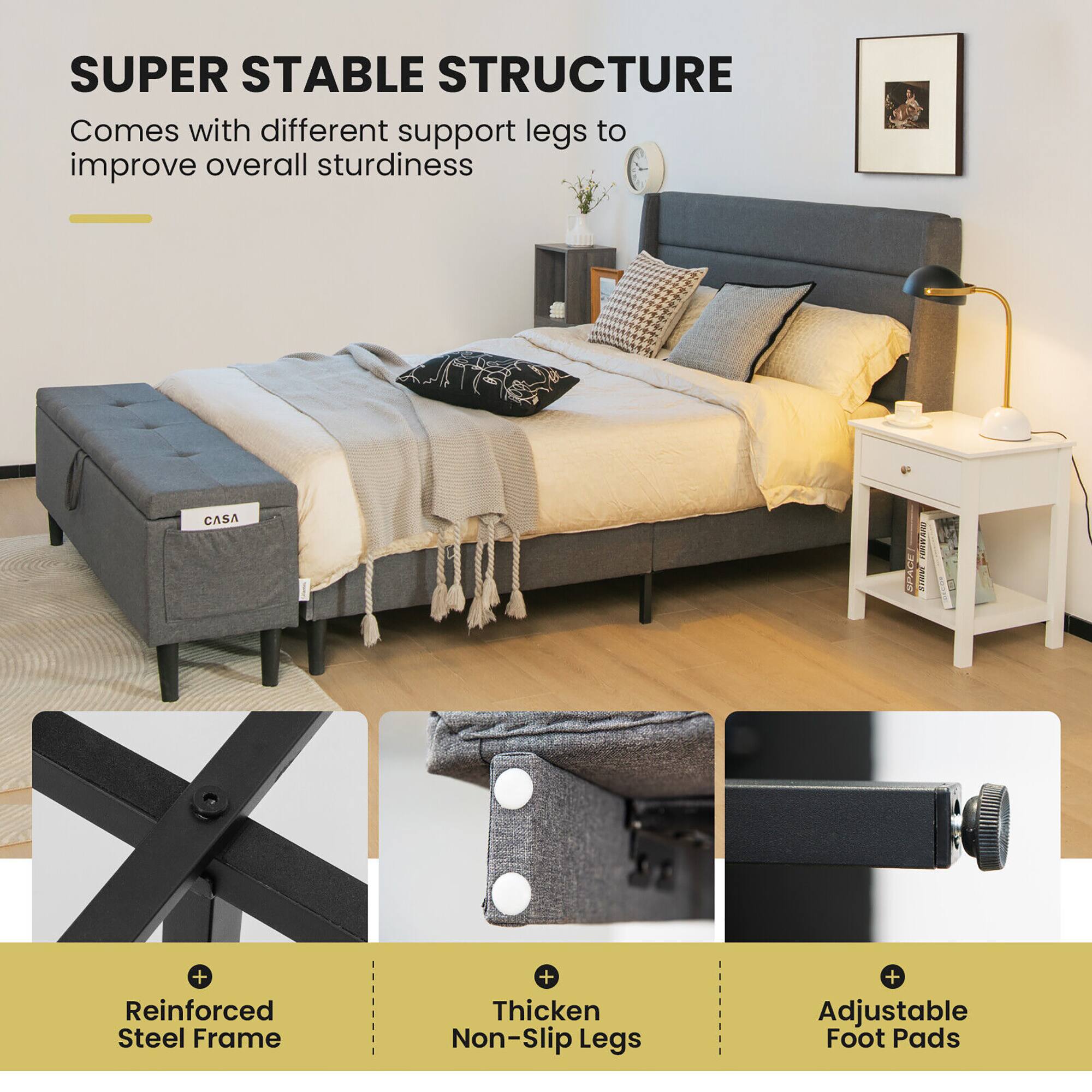 SUPER STABLE STRUCTURE  
Comes with different support legs to improve overall sturdiness  

Reinforced Steel Frame  
Thicken Non-Slip Legs  
Adjustable Foot Pads