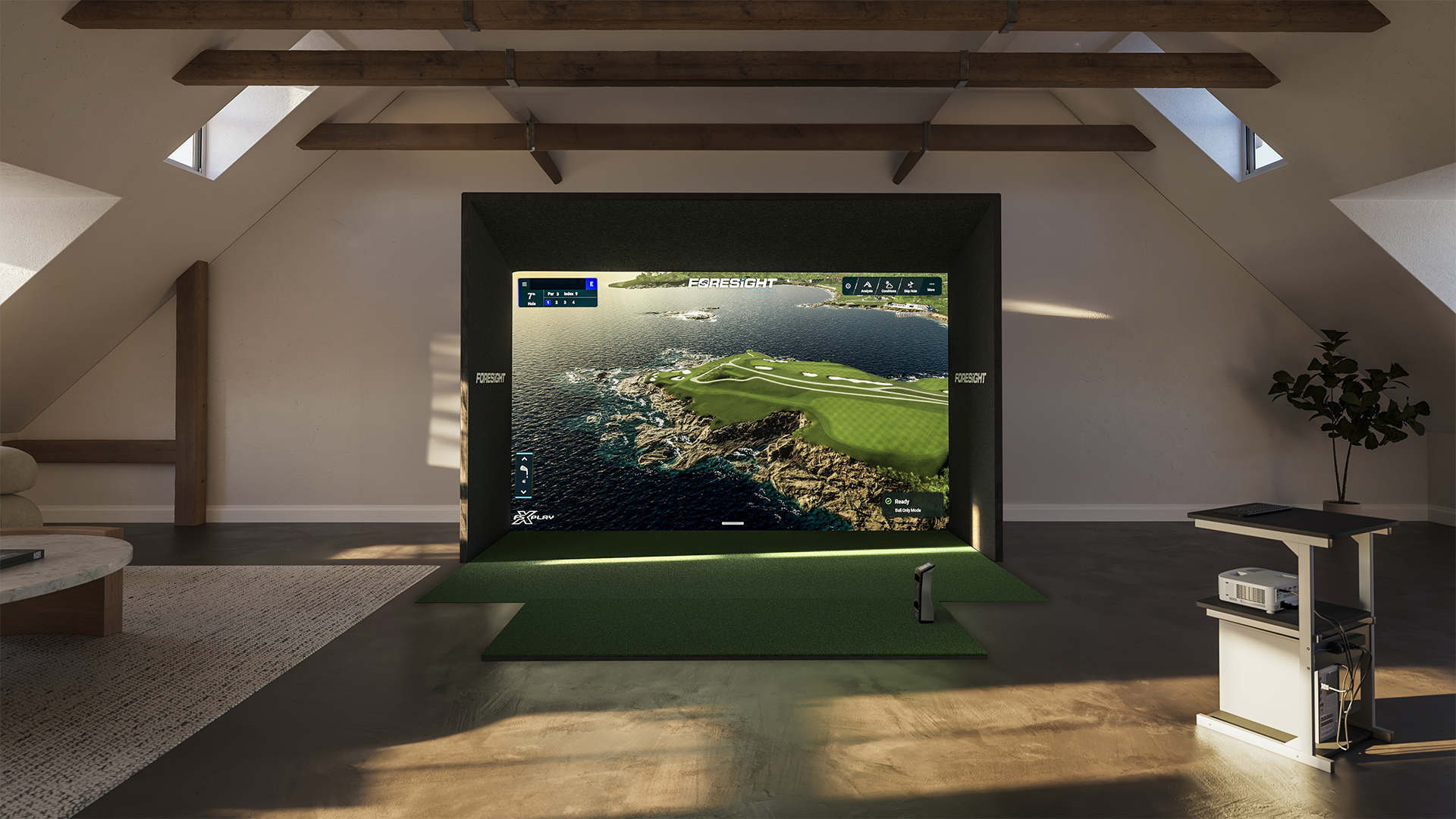 The image shows a large screen TV with a golf course displayed on it. The TV is placed in a room with a green carpet, and there is a potted plant nearby. The room also features a couch and a dining table. The TV is positioned in the center of the room, making it the focal point of the space.