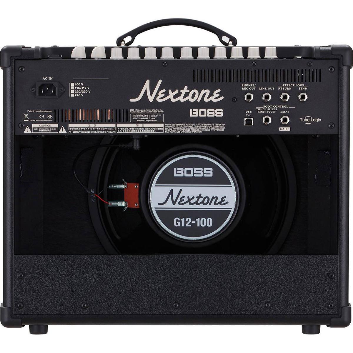 AC IN  
100 V  
115/117 V  
220/230 V  
240 V  

CAUTION  

PHONES / REC OUT  
LINE OUT  
EFFECT LOOP  
RETURN  
SEND  

FOOT CONTROL  
TIP  
RING BOOST  
DELAY  
GATE  

Tube Logic  

BOSS  
Nextone  
G12-100