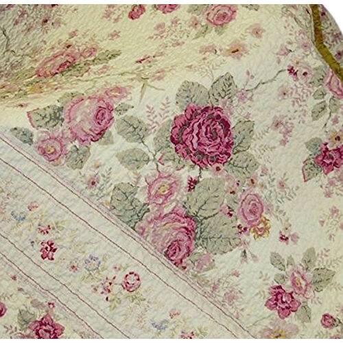 Left. Hivvago - Red Pink Gold Ecru Floral Roses Quilt Throw Blanket in 100% Cotton - Red, Pink, Gold.