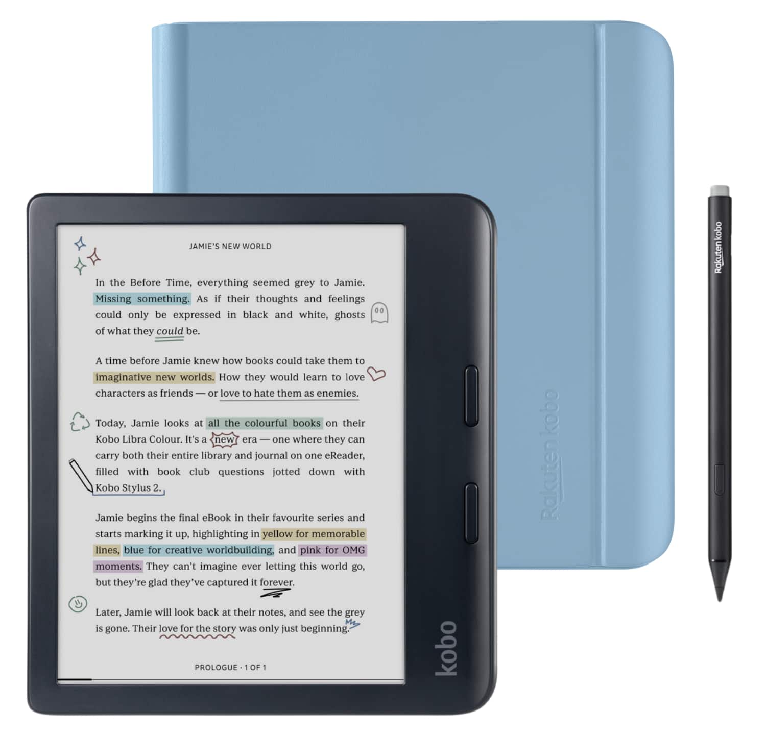 Kobo - Libra Colour (Black) eReader with Black Stylus 2Gen Bundle - 2024 - Dusk Blue Notebook SleepCover