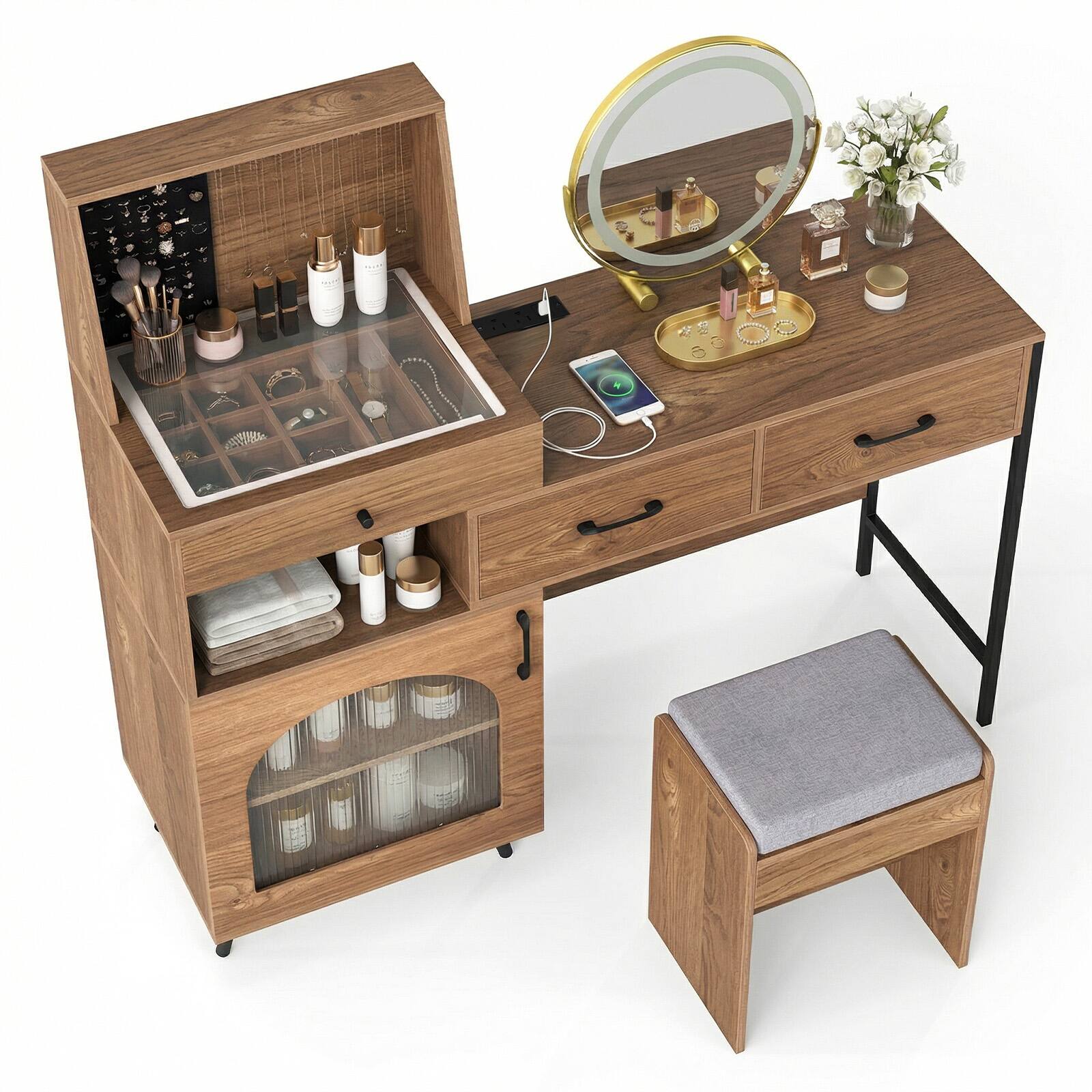 Alt View 1. Costway - Costway Vanity Desk with Mirror and Lights, 3 Lighting Modes, Glass Desktop, 3 Drawers - Walnut.