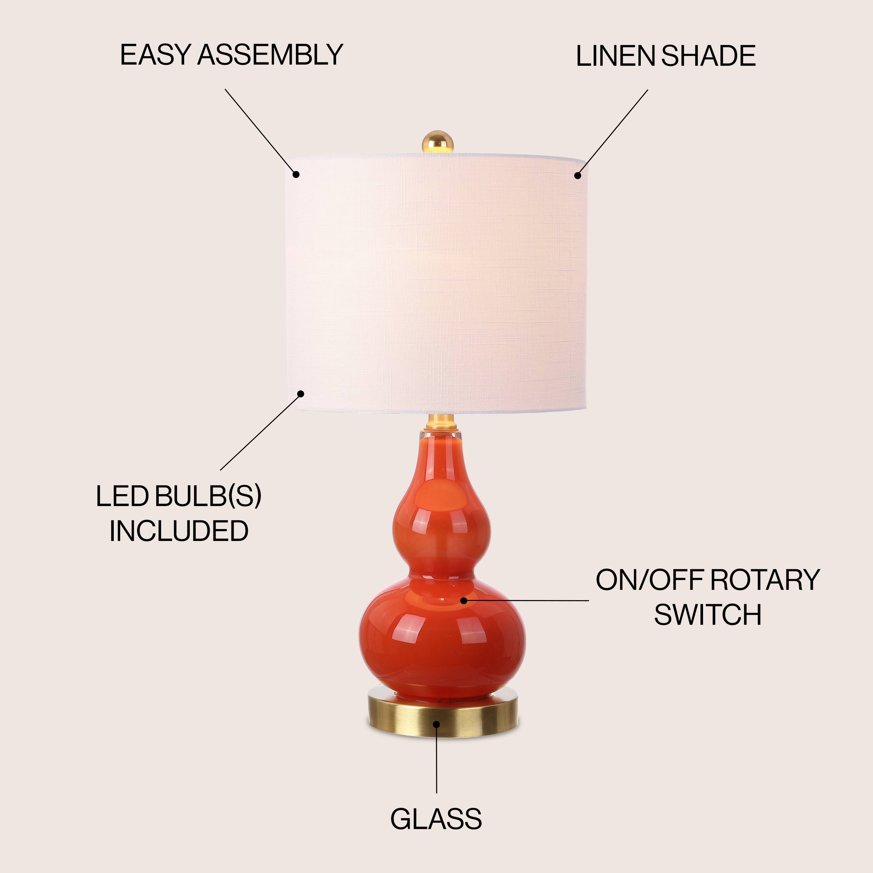 EASY ASSEMBLY  
LINEN SHADE  
LED BULB(S) INCLUDED  
ON/OFF ROTARY SWITCH  
GLASS
